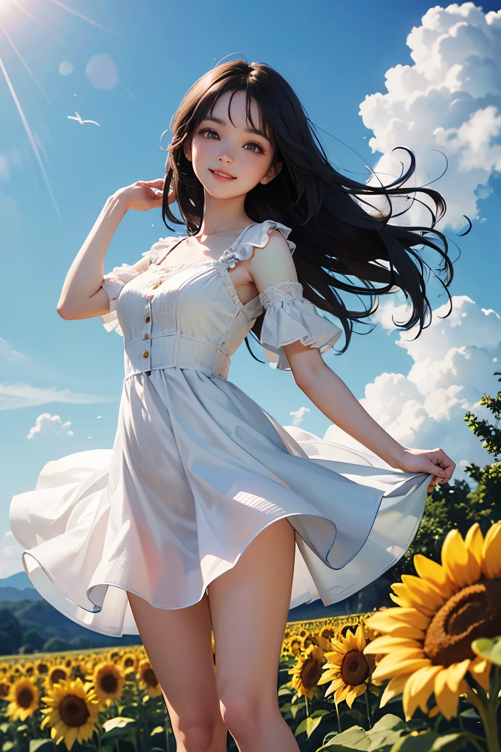 very cute and beautiful girl,frilled white summer dress with detailed lace,(highly detailed beautiful face and eyes:1.2),
standing in middle of sunflower field,beautiful summer sky,(smile:1.2),happy,black hair,mid shot,dynamic pose,detailed legs,
(best quality,masterpiece:1.2),absurdres,highres,ultra-detailed,extremely detailed,32k,8k resolution,
intricate details,cinematic scene,detailed background,solo,dynamic angle,
solo,hair fluttering in the wind,perfect hands,