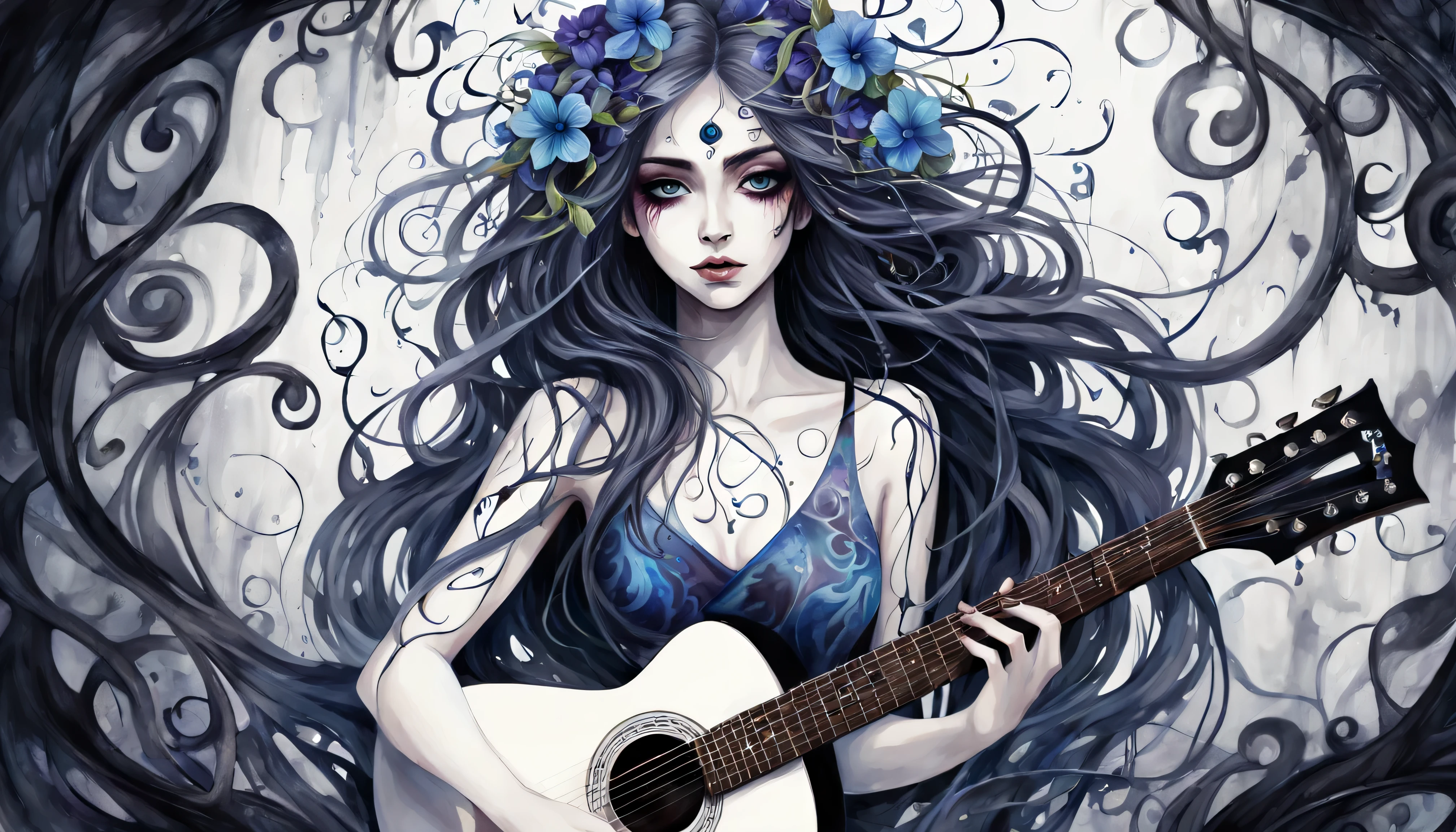 Watercolor Paint, Dangerous girl&#39;position of the center of the entire body&#39;head of, Holding a guitar, evil eye flower, vines, with the darkest splash, Focusing on dark fantasy fractal flowers, high quality, Drooping rain,the background is white、hair is combed、simple、