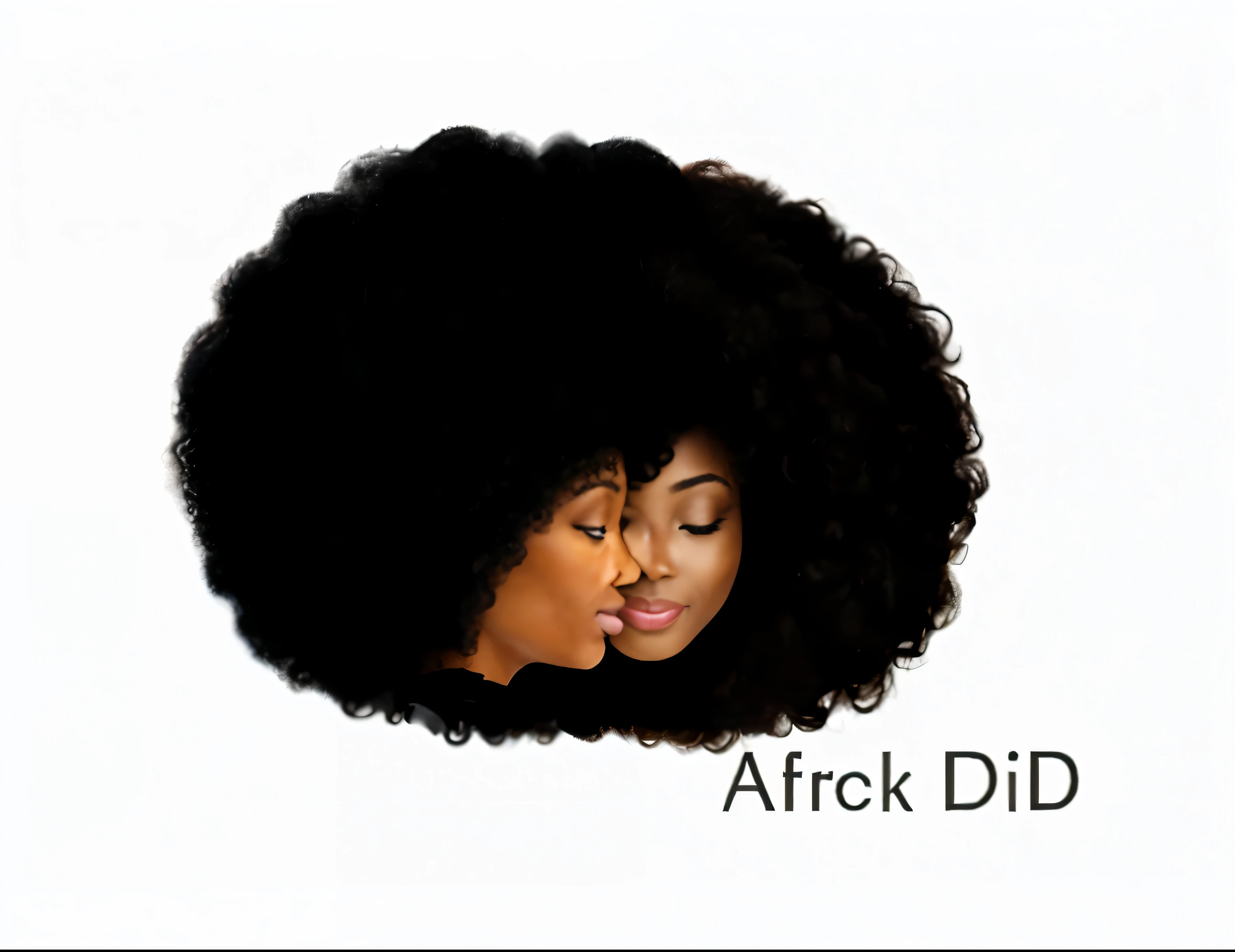 2 African females with real afro hair. 1 female is facing forward, and the other female is turned to the side. both females are smiling with eyes and mouth completely shut