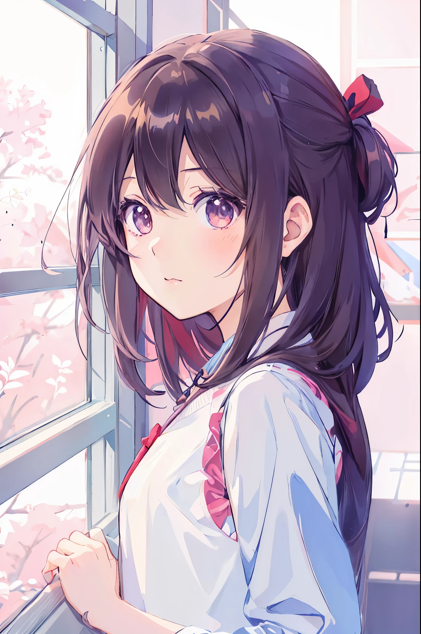 anime girl looking out a window with a red bow in her hair, anime visual of a cute girl, anime moe artstyle, young anime girl, portrait of an anime girl, smooth anime cg art, beautiful anime portrait, close up of a young anime girl, anime style 4 k, portrait anime girl, cute anime girl portrait, detailed portrait of anime girl