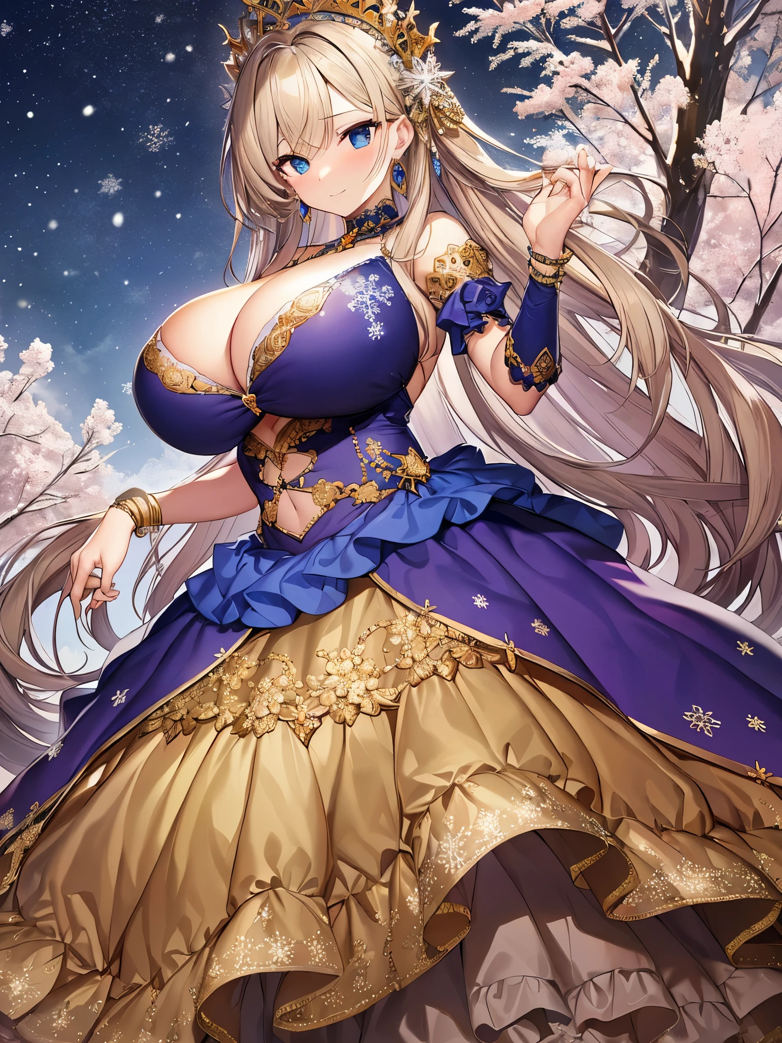 anime artstyle,Masterpiece,Best Quality,Super Detail,((Very Delicate and Beautiful)),(((1 plump princess in beautiful embroidery and jeweled gorgeous rococo ballgown with voluminous hoop skirt))),crinoline skirt,((Solo)),(((snow garden,sonw,snowflake,sky))),((outdoor)),((full body)),(((gigantic breasts,gigantic breasts,cleavage))),sagging breasts,skindentation,detailed face and eyes,jewel-like eyes,((extremely voluminous straight Hair,Extremely Long Straight Hair)),((gorgeousfull embroidery and lace,beautiful embroidery and jeweled)),Gorgeous Gemstone Jewelry,gorgeous corsage,((gorgeous hair ornament,glitter jeweled gorgeous big tiara)),((full body)),((beautiful embroidery and jeweled gorgeous rococo ballgown with voluminous hoop skirt)),crinoline skirt,(crinoline),((snow garden,sonw,snowflake,outdoor,sky)),Looking at viewer,dynamic angle,(((beautiful embroidery and jeweled gorgeous rococo ballgown with voluminous hoop skirt))),crinoline skirt,full body,
