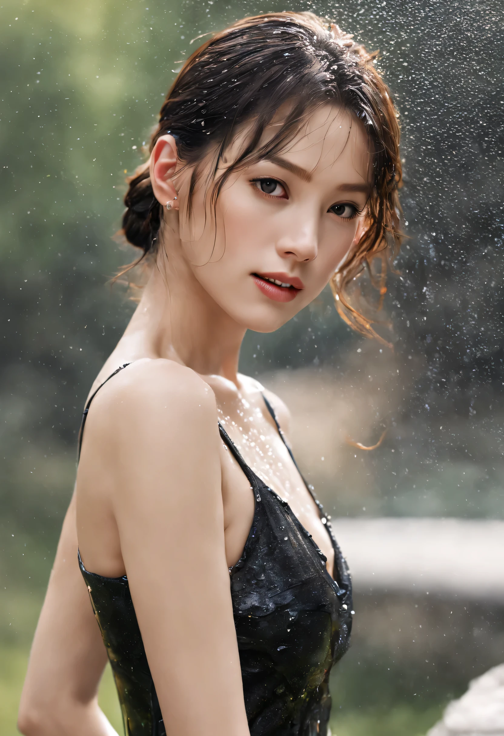 best quality, masterpiece, ultra high definition, (lifelike: 1.4), 1 girl, wet hair, wet, water droplets on skin