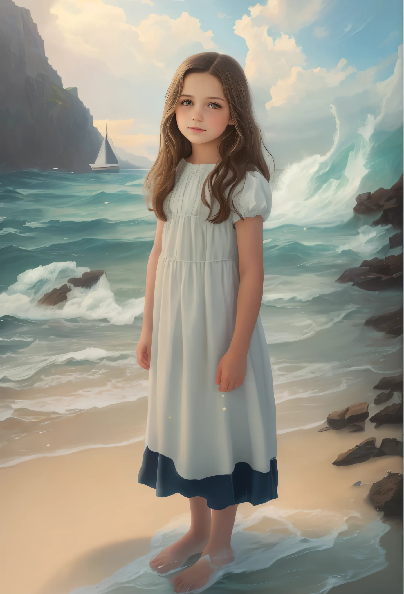 High resolution, brunette girl, 8 years old, .beautiful picture in the gallery , portrait, sea in the background, realism, fantasy
