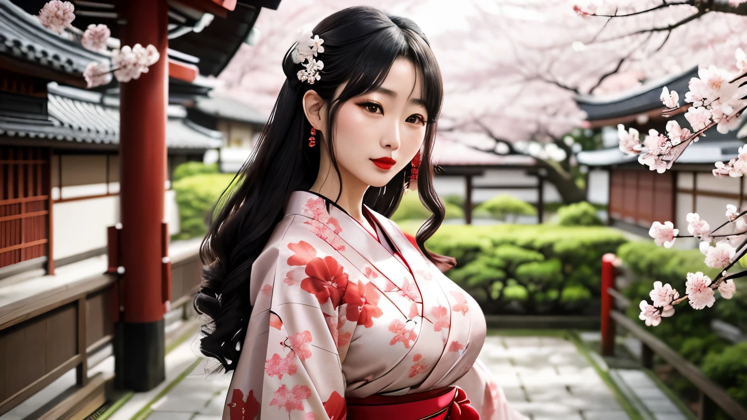 28 year old yukata Japanese woman、diagonal backward view、Cherry blossom petal tattoo on the nape of the neck、Aperture 2,8、20mm lens、tying hair、many golden comb hair ornaments、red lipstick、8K、high resolution、big breasts、frayed hair is dancing in the wind、