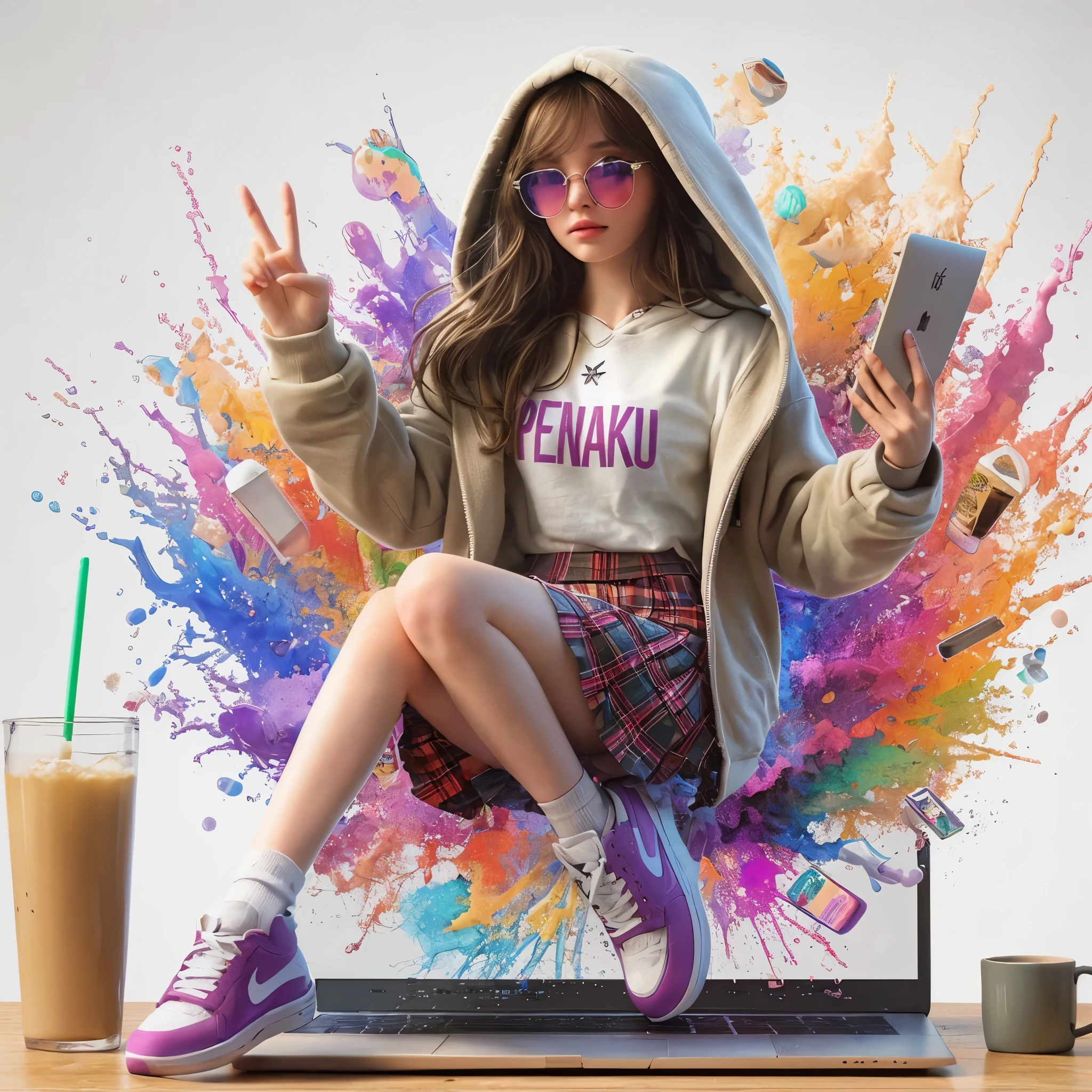 Menampilkan seorang karakter perempuan yang sedang duduk di atas laptop dengan latar belakang warna-warni. She was wearing a cream-colored hoodie and a white t-shirt with the words “PENKU” and a red plaid skirt. Dia juga memegang sebuah ponsel dan membuat tanda peace dengan tangannya.