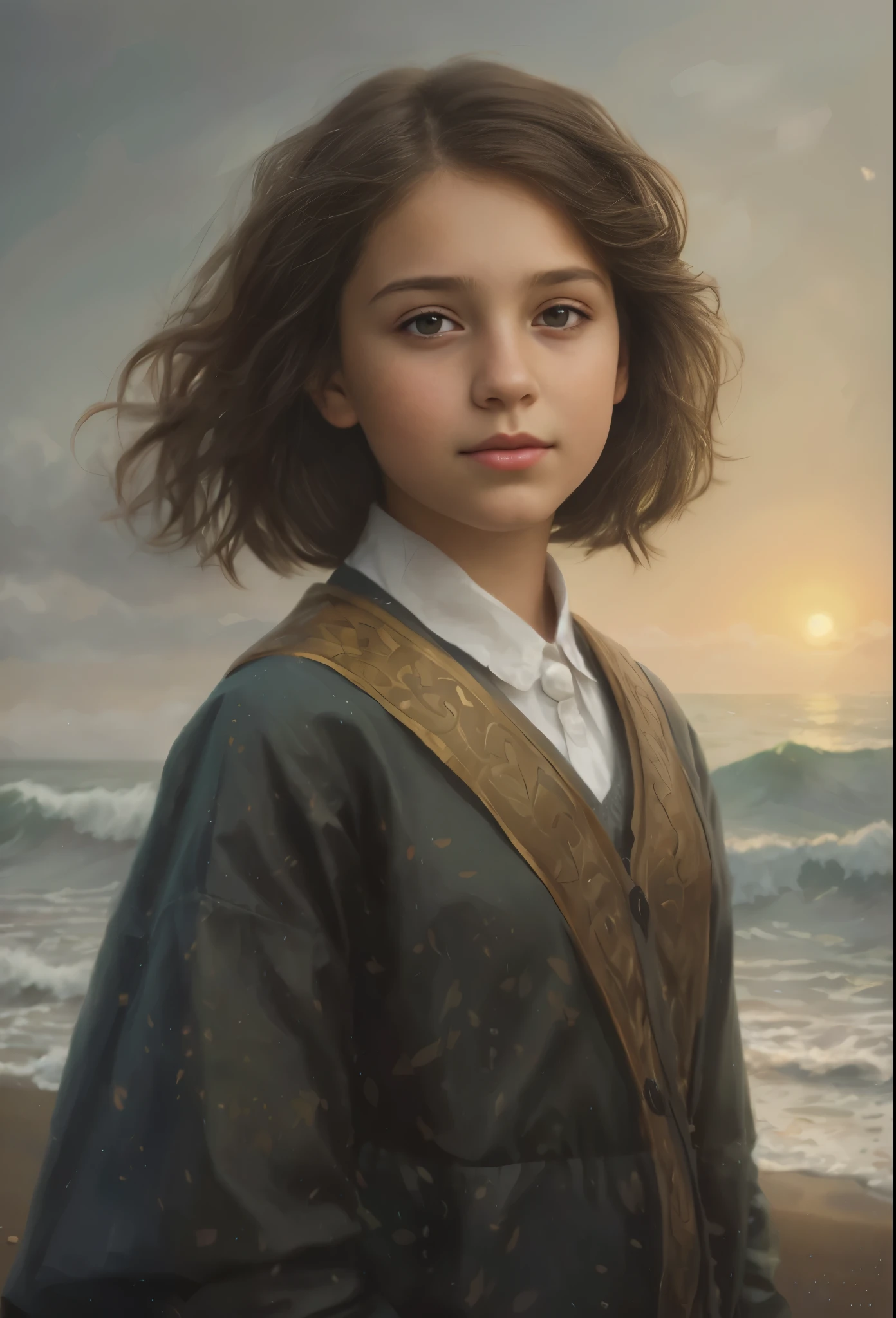 High resolution, brunette girl, 8 years old, .beautiful picture in the gallery , portrait, sea in the background, realism, fantasy