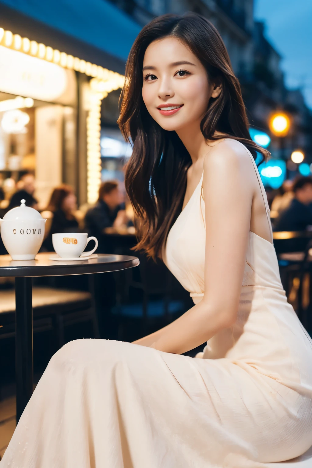 ((table top:1.4, highest quality)), (realistic pictures:1.4), 
((1 girl)), 
(超High resolution:1.2), very delicate and beautiful, wonderful, 
Highly detailed CG Unity 8K wallpaper, Super detailed, High resolution, soft light, 
beautiful detailed girl, highly detailed eyes and face, beautifully detailed nose, beautiful and detailed eyes, 
(gorgeous long dress:1.4),
cinematic lighting, perfect anatomy, slender body, thin chest,
(Take a seat in front of a fashionable cafe in Paris and drink cafe au lait:1.3), (city light at night:1.4), (outdoor:1.3), 
cowboy shot, looking at the viewer, smile
