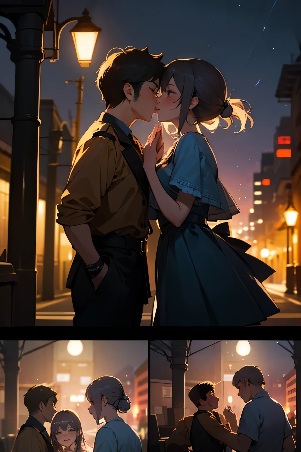 highest quality, advanced details, High resolution, HD, 16k,Couple kiss goodbye in an empty street, Night streetlights illuminated the two of them