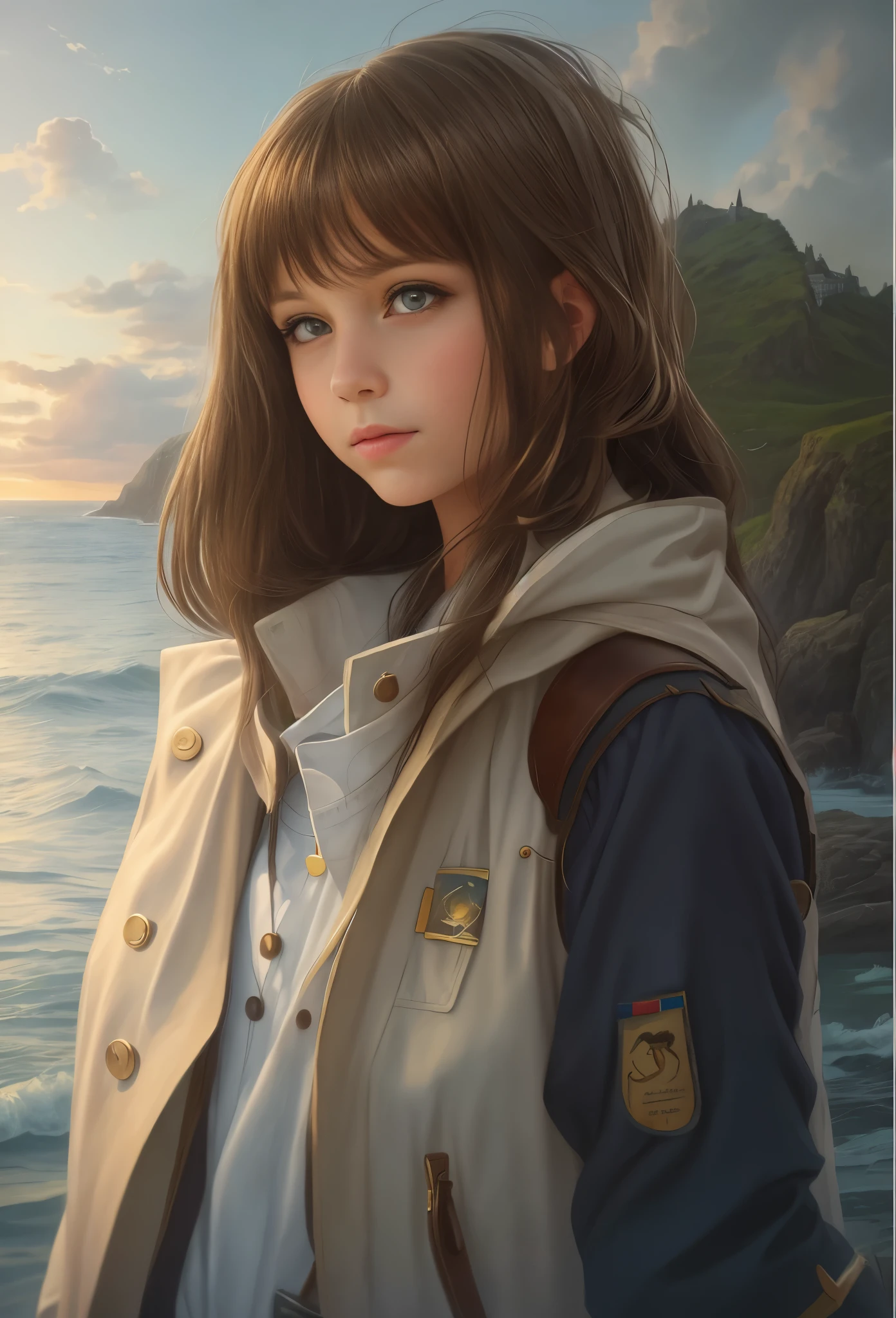High resolution, brunette girl, 8 years old, .beautiful picture in the gallery , portrait, sea in the background, realism, fantasy