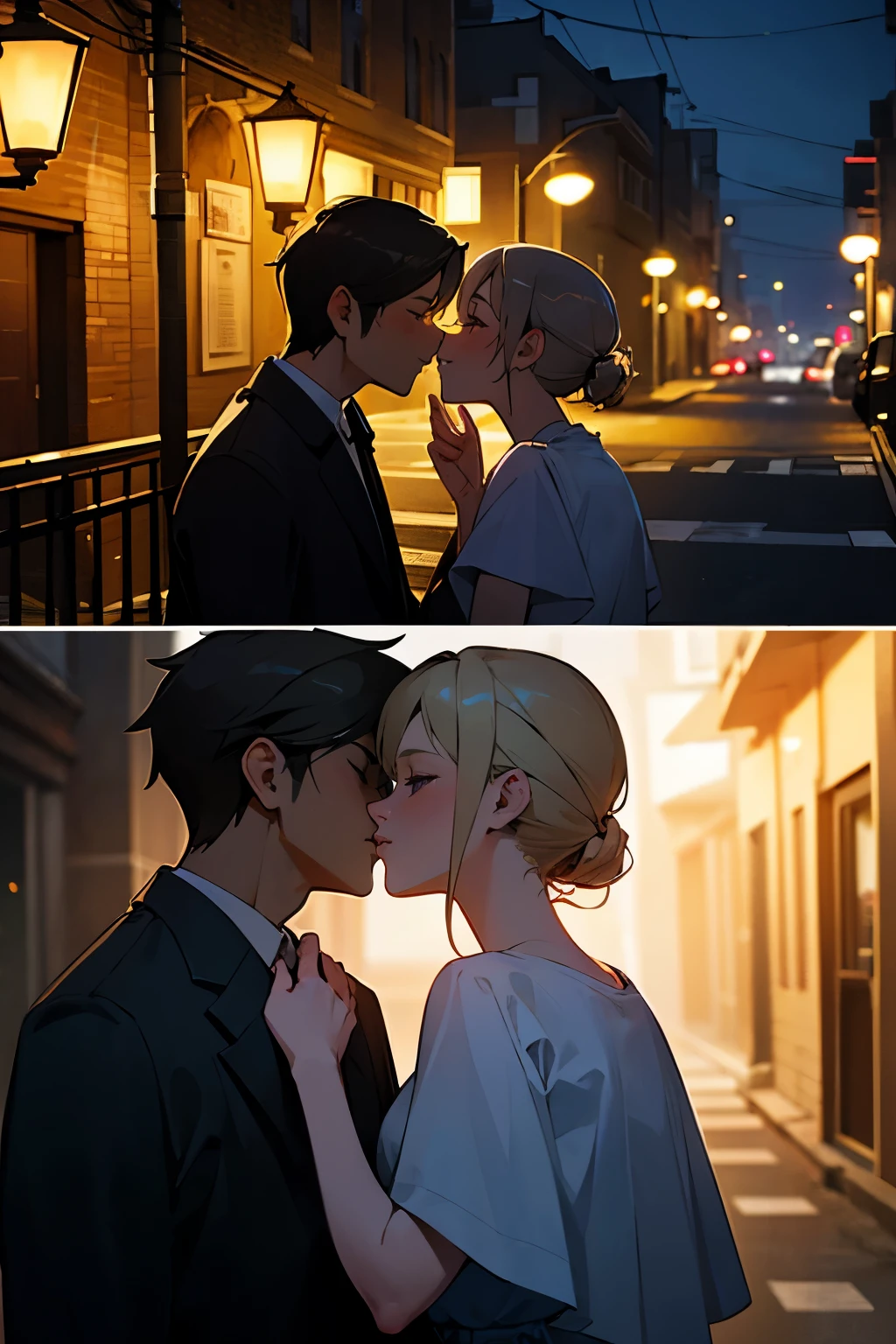 highest quality, advanced details, High resolution, HD, 16k,Couple kiss goodbye in an empty street, Night streetlights illuminated the two of them