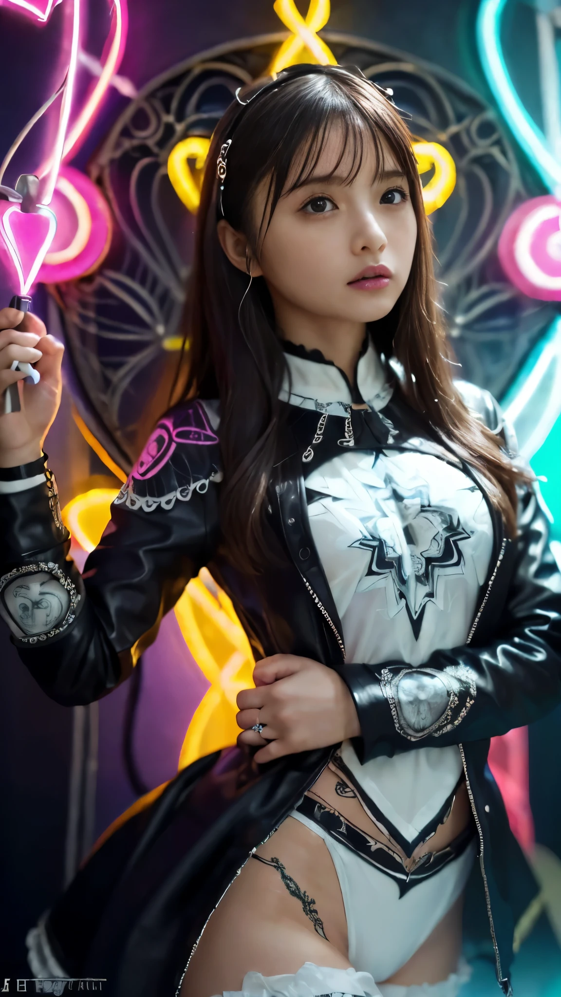 Luminous background、(realism:1.4、realistic:1.4、Photoreal:1.4)、(Fractal neon all over the body:1.4)、(Zentangle Neon:1.2)、masterpiece、High resolution、high quality、super elaborate、Super detailed、realistic texture、best detail、vivid lighting、(very small breasts:1.5)、thin waist:1.3、Pein、Japanese、beautiful girl、(Gothic ta costume with fine details、pink gothic loliostume、Leather jacket)、angry、Trance、Climax、happy、glowing chakra、goddess、befall、anatomically correct、Depth of bounds written、(crotch tattoo 、breast tattoo、glowing tattoo:1.2 、detailed tattoo )、colorful、(fractal art tattoo )、fractal art body、Pink interpolation color、