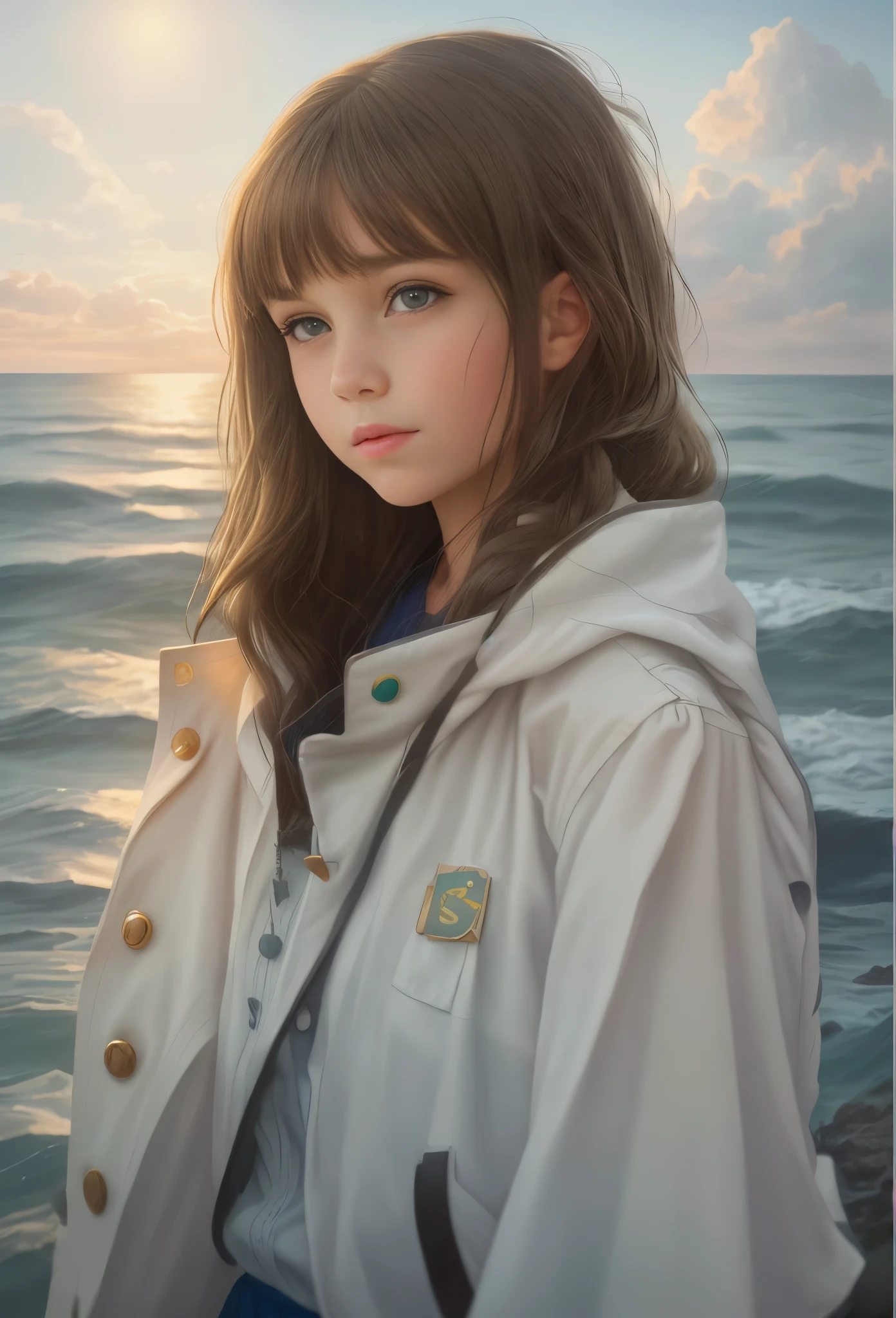 High resolution, brunette girl, , .beautiful picture in the gallery , portrait, sea in the background, realism, fantasy