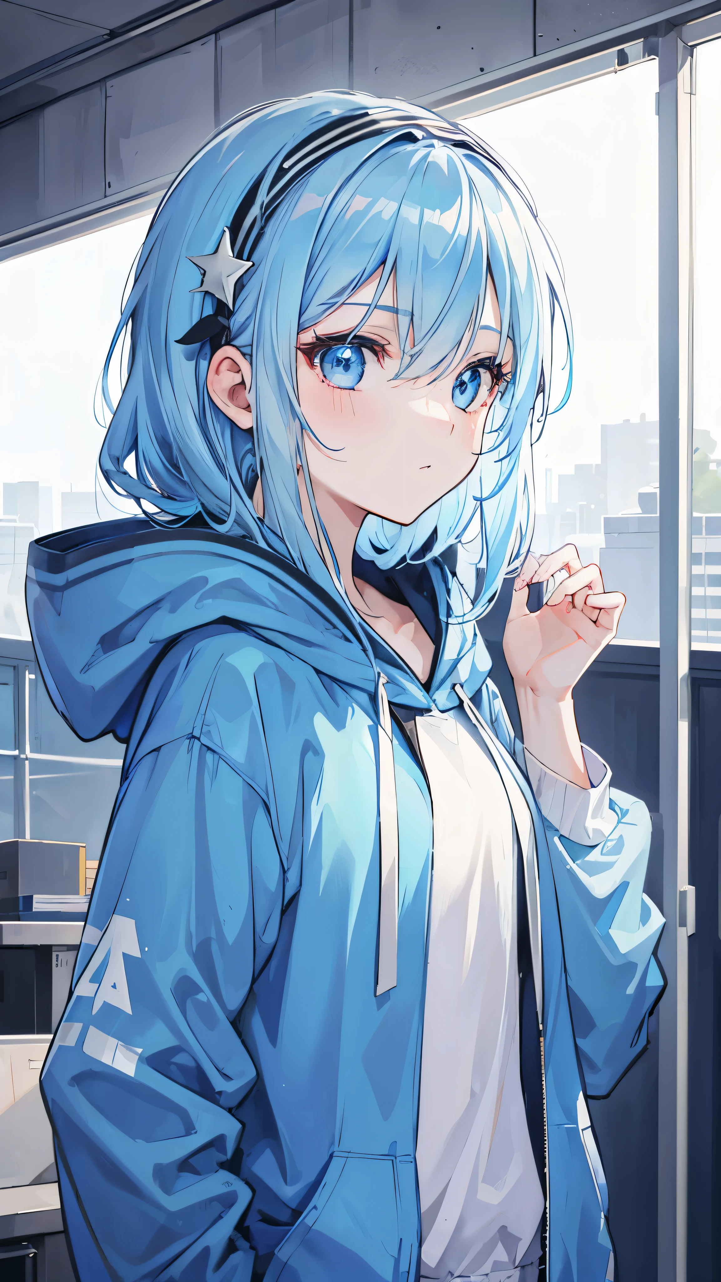 1 girl,light blue hair,blue eyes,scarf,Blue hoodie,winter,looking at the audience,Profile picture