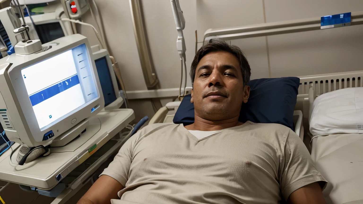 Brazilian man, light brown, 55 years old, lying in a hospital ICU connected to breathing apparatus and cardiac equipment