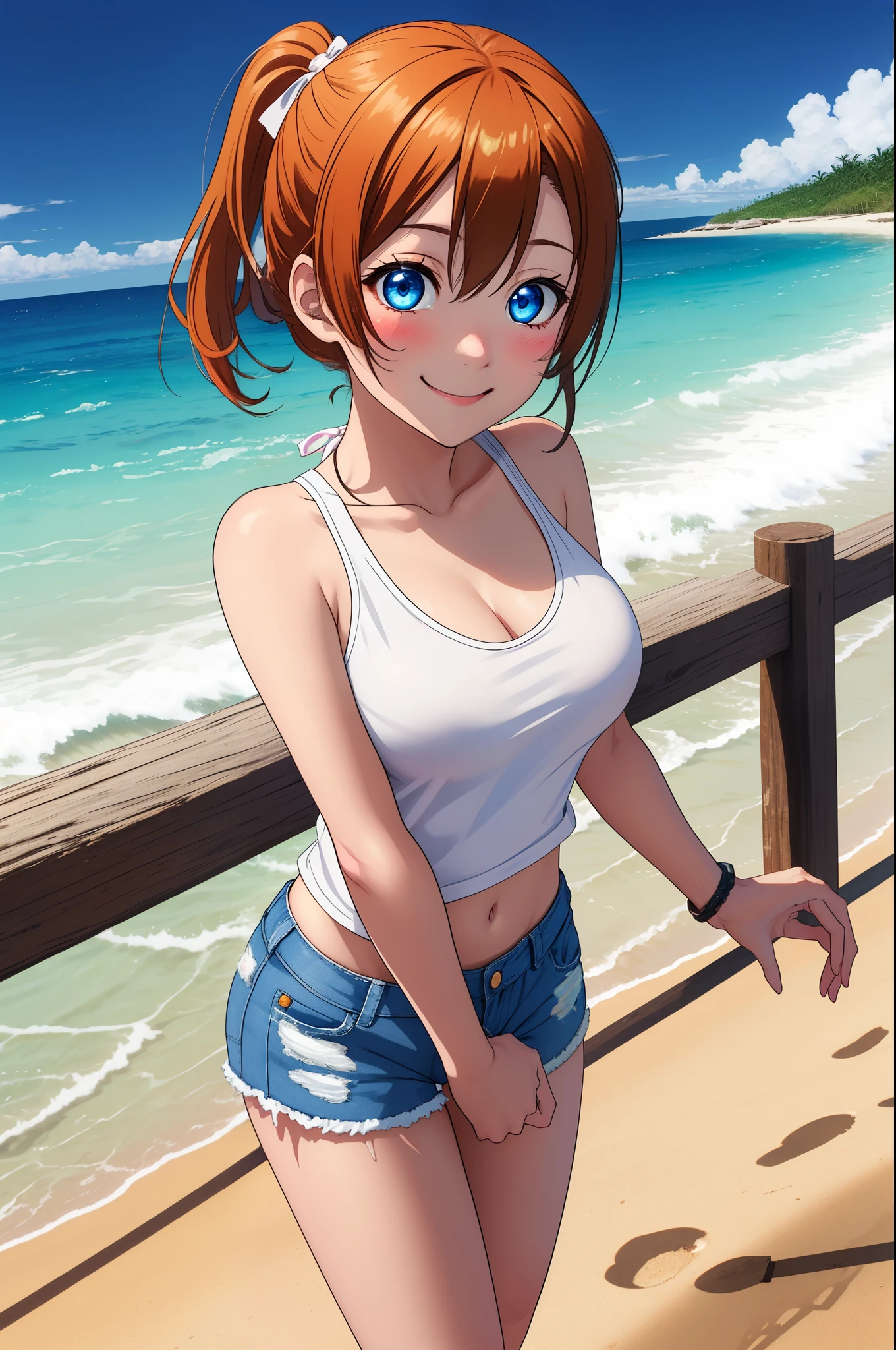 masterpiece, best quality,8k wallpaper,kousaka honoka, blue eyes,(large breasts:1.0),simple pair of jean shorts and a tank top,glowing eyes, cowboy shot, sexy, standing, blushing, beach,solo , smile 