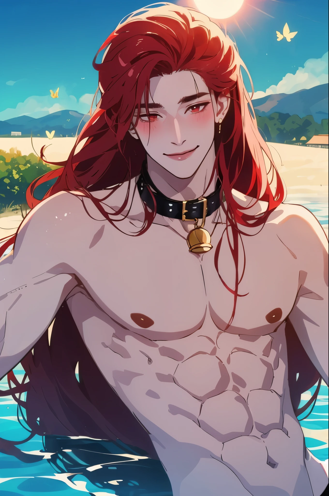 Man, (Solo), 18-years-old, red eyes,(Red long hair), (collar with bell), (smiling blush), (day), shirtless, (sun), (In the water), (without clothes), anime, Lake with butterfly background