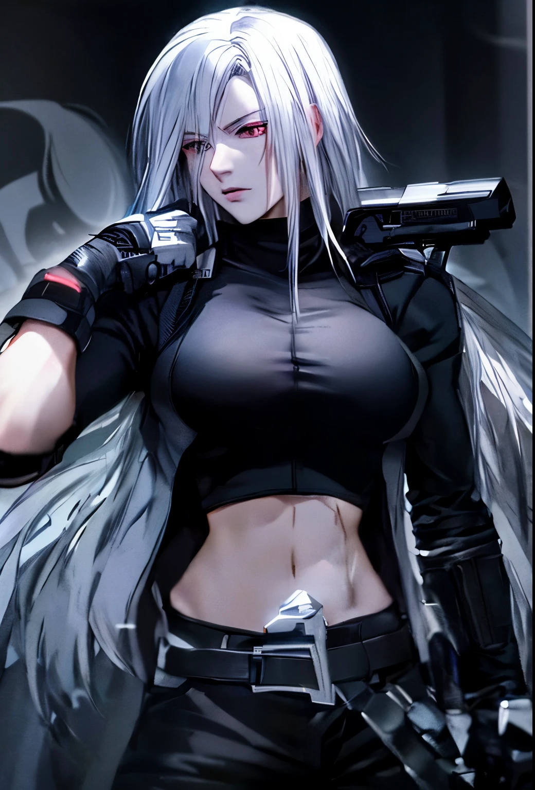 anime girl character with white hair and yellow eyes wearing a black outfit, white haired, eyepatch, black eyepatch, he has dark grey hairs, white-haired, he wears an eyepatch, with long white hair, silver haired, tifa lockhart with white hair, a silver haired mad, anime character portrait, detailed anime character art, killy from blame, muscles, tifa lockhart with white hair, muscular! white, female anime character, she is wearing a black tank top, muscular!!, annie leonhart, hajime yatate, anime character, looking like annie leonhart, [ adamantly defined abs ]!!, a muscular, white - haired , sweaty abs