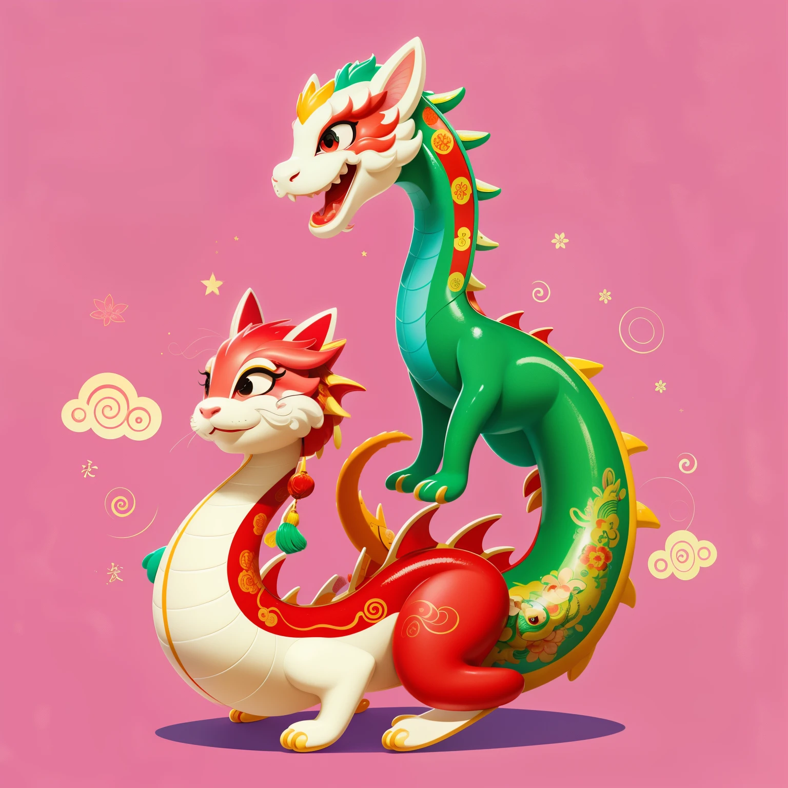 A cute and vibrant Chinese New Year-themed dragon is delicately drawn using colorful paints against a soft pink background, creating an enchanting and adorable masterpiece. This official art showcases top-quality craftsmanship, with clean and unique details that beautifully capture the essence of celebration. Plus, it even features a charming cat companion, adding an extra touch of whimsy and joy.