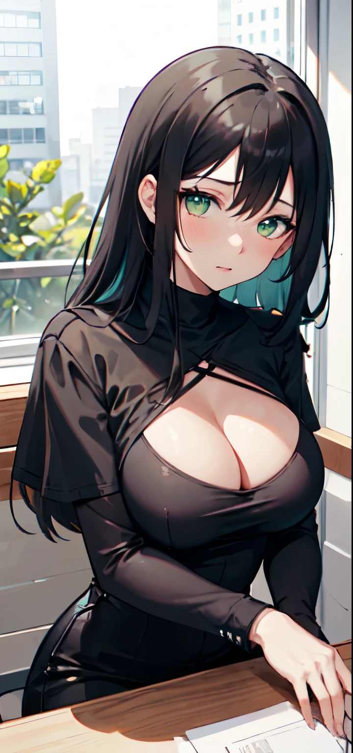 Date pov, front view, 1 girl, black silky hair, beautiful green eyes, nervous expression, shy, cute, nervous, sitting across the viewer, large breasts, cleavage, goth shirt, black goth T-shirt, coffee on the table, table in front of girl, girl sitting across the viewer, date pov