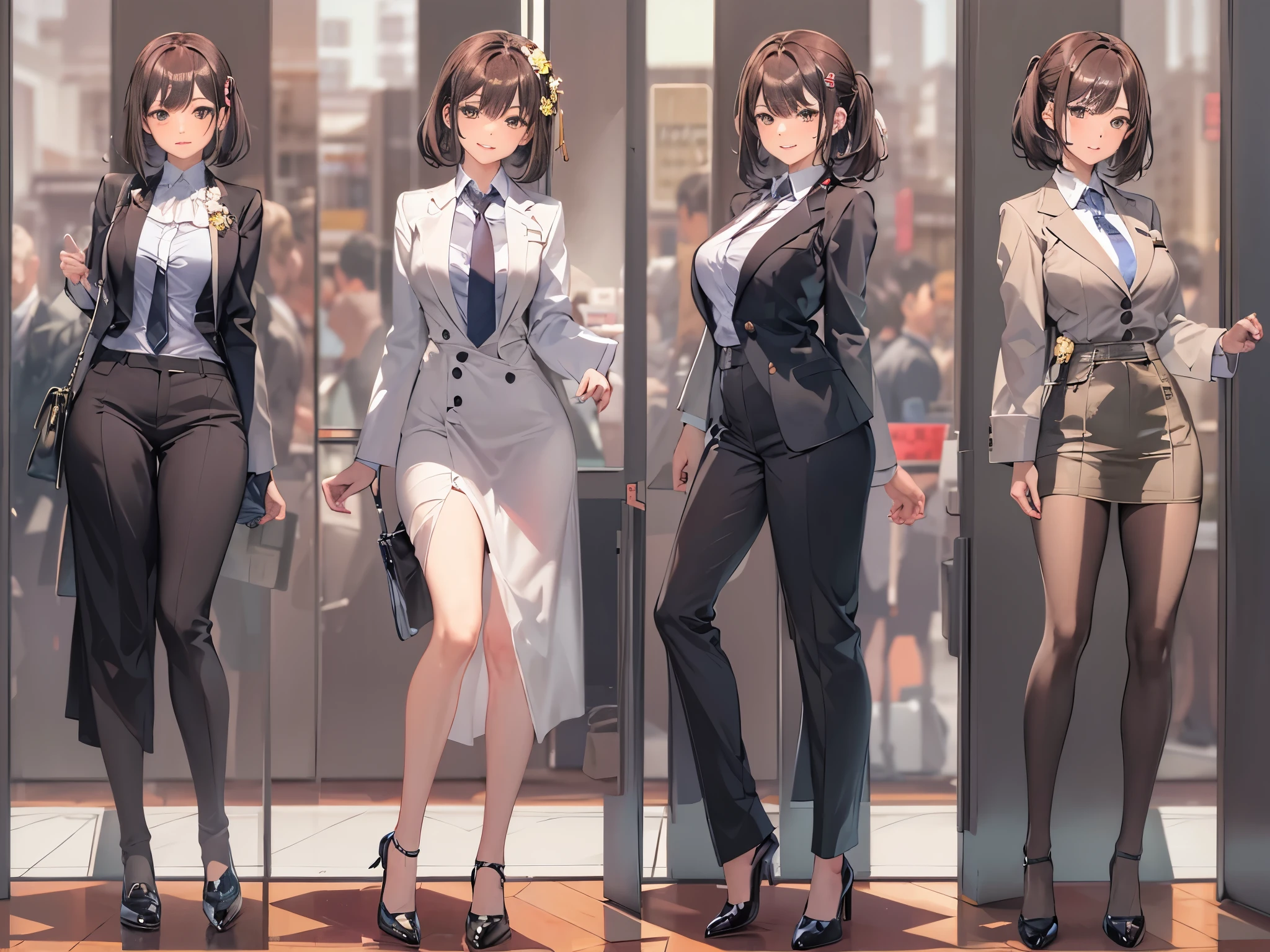 three sided view,full body, solo, 1girl,looking at viewer, Business Attire, masterpiece