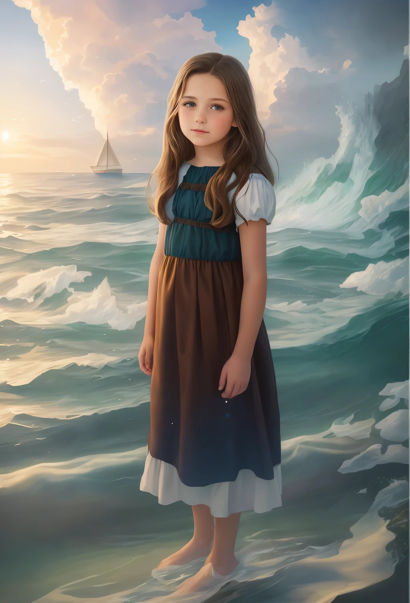 High resolution, brunette girl, 8 , .beautiful picture in the gallery , portrait, sea in the background, realism, fantasy