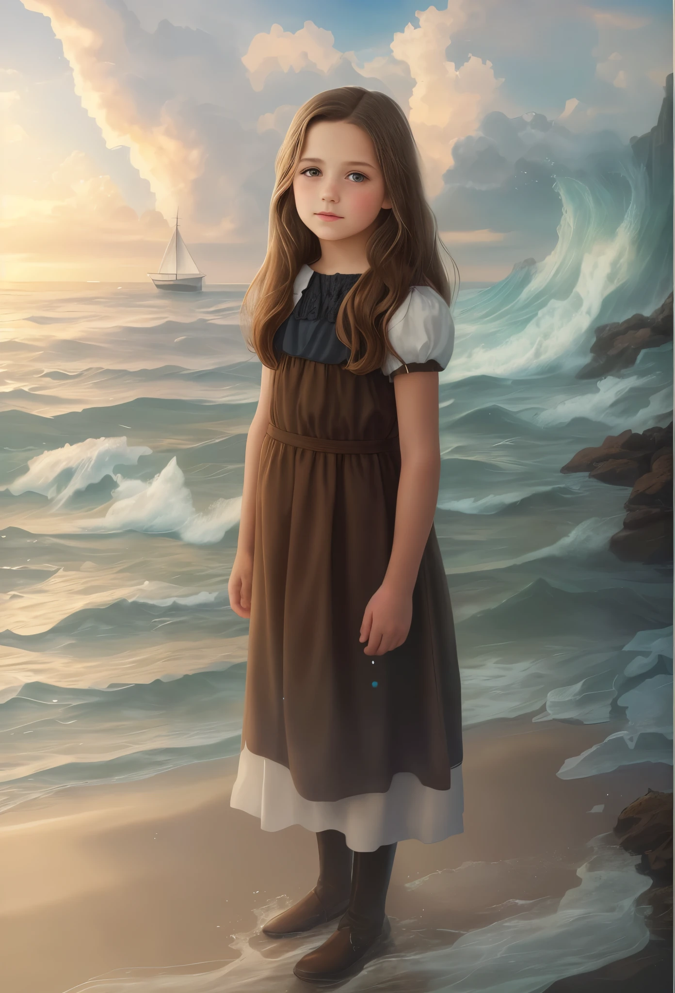 High resolution, brunette girl, 8 , .beautiful picture in the gallery , portrait, sea in the background, realism, fantasy