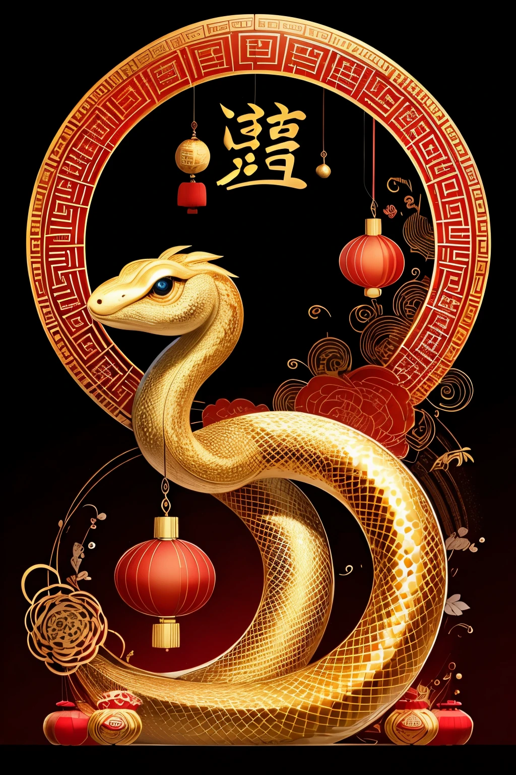 A golden snake with chinese writing and lanterns on a black background ...
