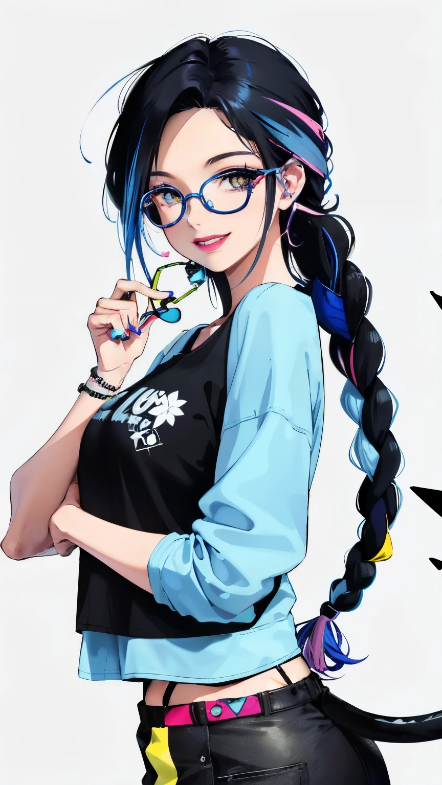 Woman (30 years: 1.0) with a tattoo on his arm and in a black top, Black hair with blue streaks, braided into a tail. blue streaks on bangs, Modern style, Fan art of a city girl, blows pink bubblegum, Yellow, (round glasses with colored lenses: 1.0), Bright lipstick, Snide look, joyful smile