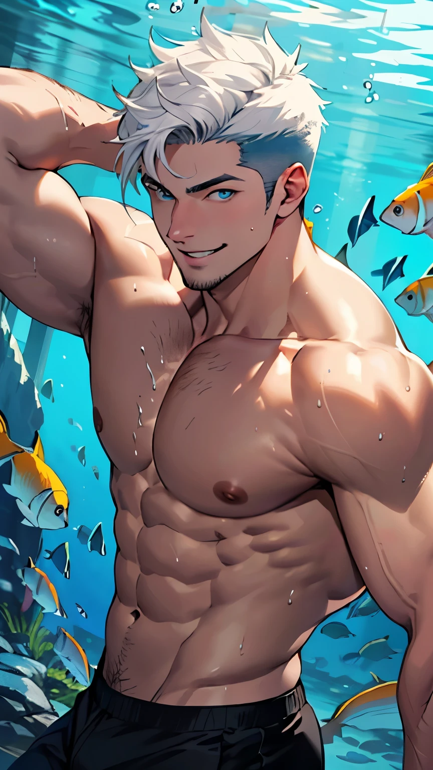 Masterpiece, only, perfect eyes, short hair hair, The body has moderate muscle., , Cool pose, handsome, shirtless, good-looking, ((best quality)), ((Masterpiece)), (detailsed), perfect face, man,ร่างกายของman,muscle,strong,shirtless ,slightly above,10,more than_details,best quality,Sharp focus,Masterpiecedetails eyes,extreme details,super details,bright colors,movies,High quality,10,white skin,handsome ,fit,Abs,muscleหน้าท้องที่เป็นลอน,Big muscle, ,HD nipples, beautiful eyes,short hair hair,perfect body,healthy body ,strong arms ,healthy body,strong ,Strong breasts,คนwhite skin, white skin,awesome,The man is cute,V shape,perfect body, ,close to the body,Sweating ,sexy face,sexy ,strong ,sexy view, Calvin Klein underwear ,showing muscle ,daytime ,The man is cute..,hairstyle ,Male characters ,happy face,fancy light , ,big body muscle,รอยsmile,blue eyes,smile, seductive eyes,บิดmuscle,นางเงือกman,Underwater,manมีหางปลา,swim,dive,fish man,mermaid