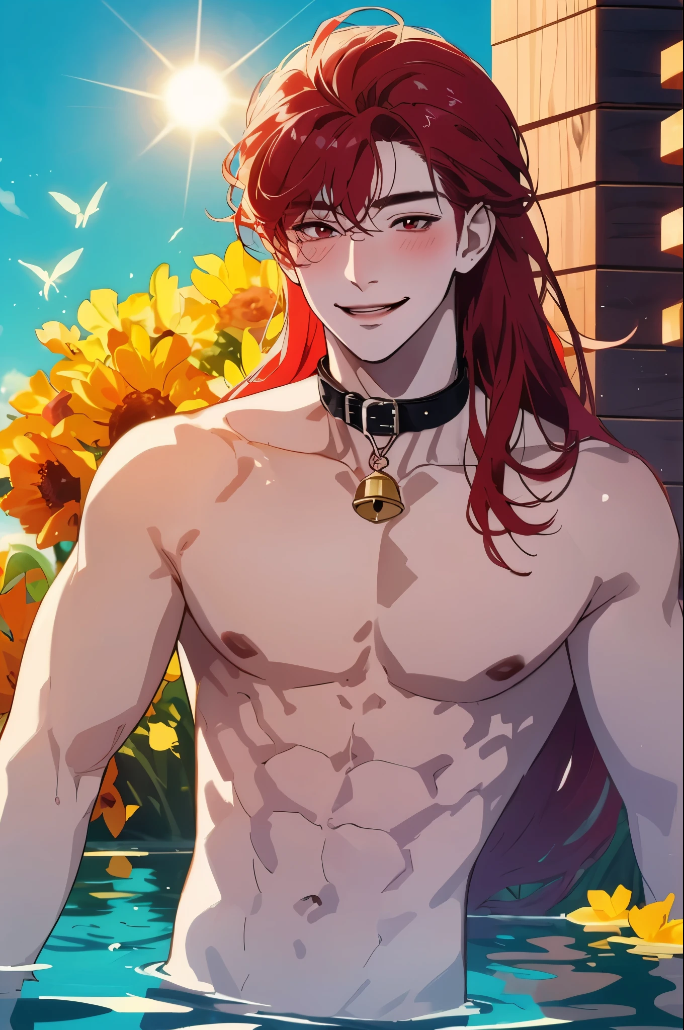 Man, (Solo), 18-years-old, red eyes,(Red long hair), (collar with bell), (smiling blush), (day), shirtless, (sun), (In the water), (without clothes), anime, Lake with butterfly background