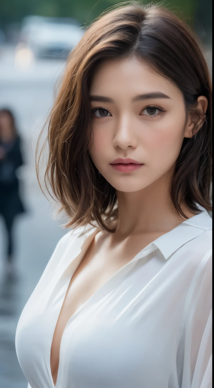 ((Best Quality, 8K, Masterpiece: 1.3)), Sharp: 1.2, Perfect Body Beauty: 1.4, Slim Abs: 1.2, ((Layered Hairstyle, Big Breasts: 1.2)), (Wet White Button Long Shirt: 1.1), (Rain, Street: 1.2), Wet: 1.5, Highly detailed face and skin texture, detailed eyes, double eyelids, side face looking at the camera