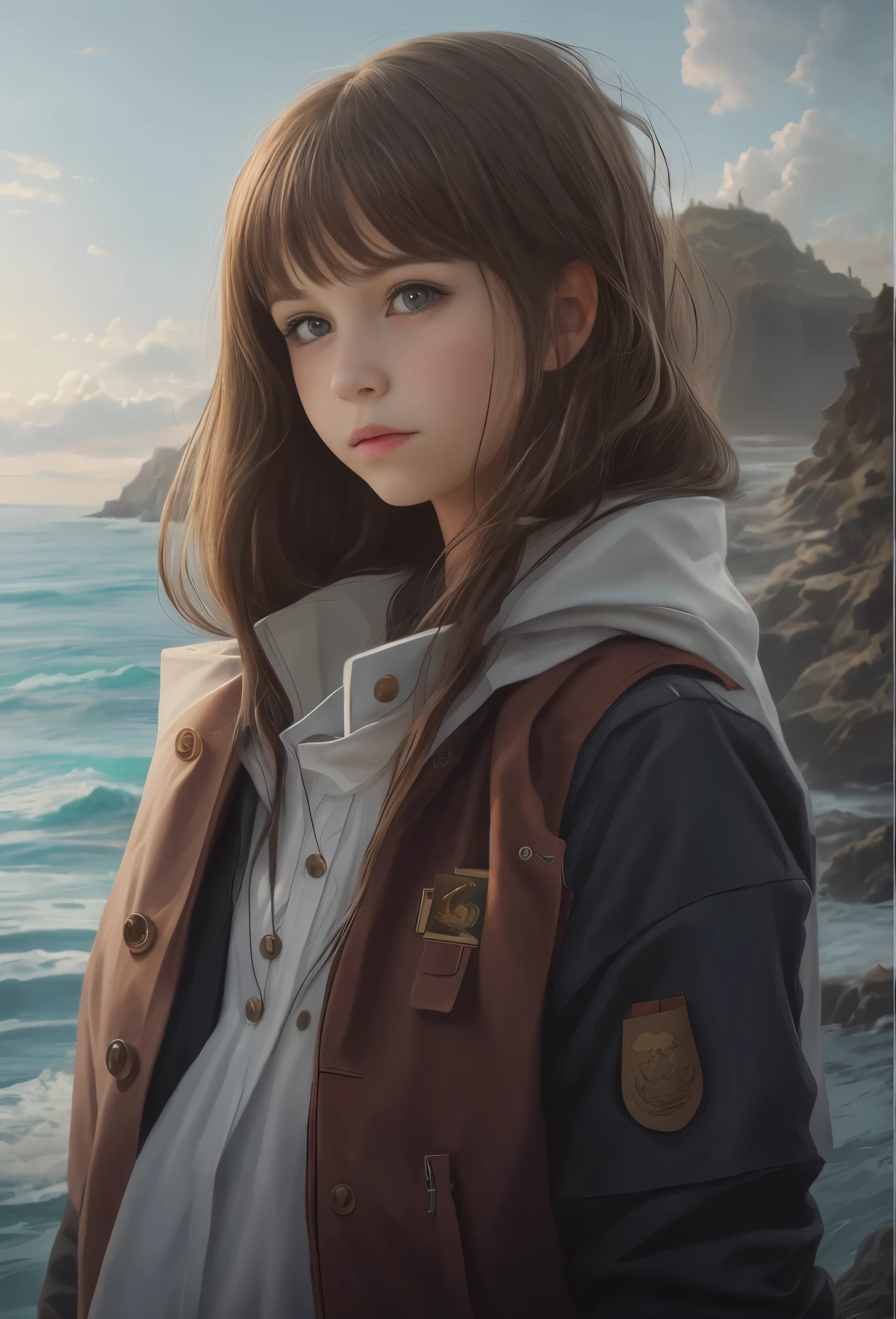 High resolution, brunette girl, , .beautiful picture in the gallery , portrait, sea in the background, realism, fantasy