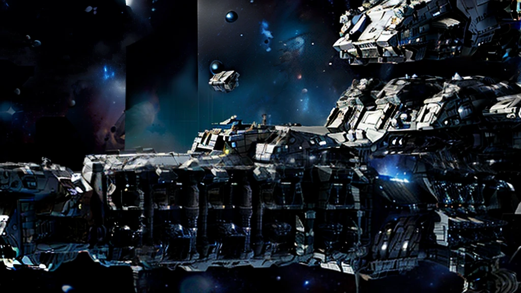Um close up de uma nave espacial de batalha robusta bruta, Her are huge, equipped with cannons, It is in space near a nebula, in the nebula has several debris, ela tem uma torre em cima, altos detalhes, Ultra realista, 8k intrigado