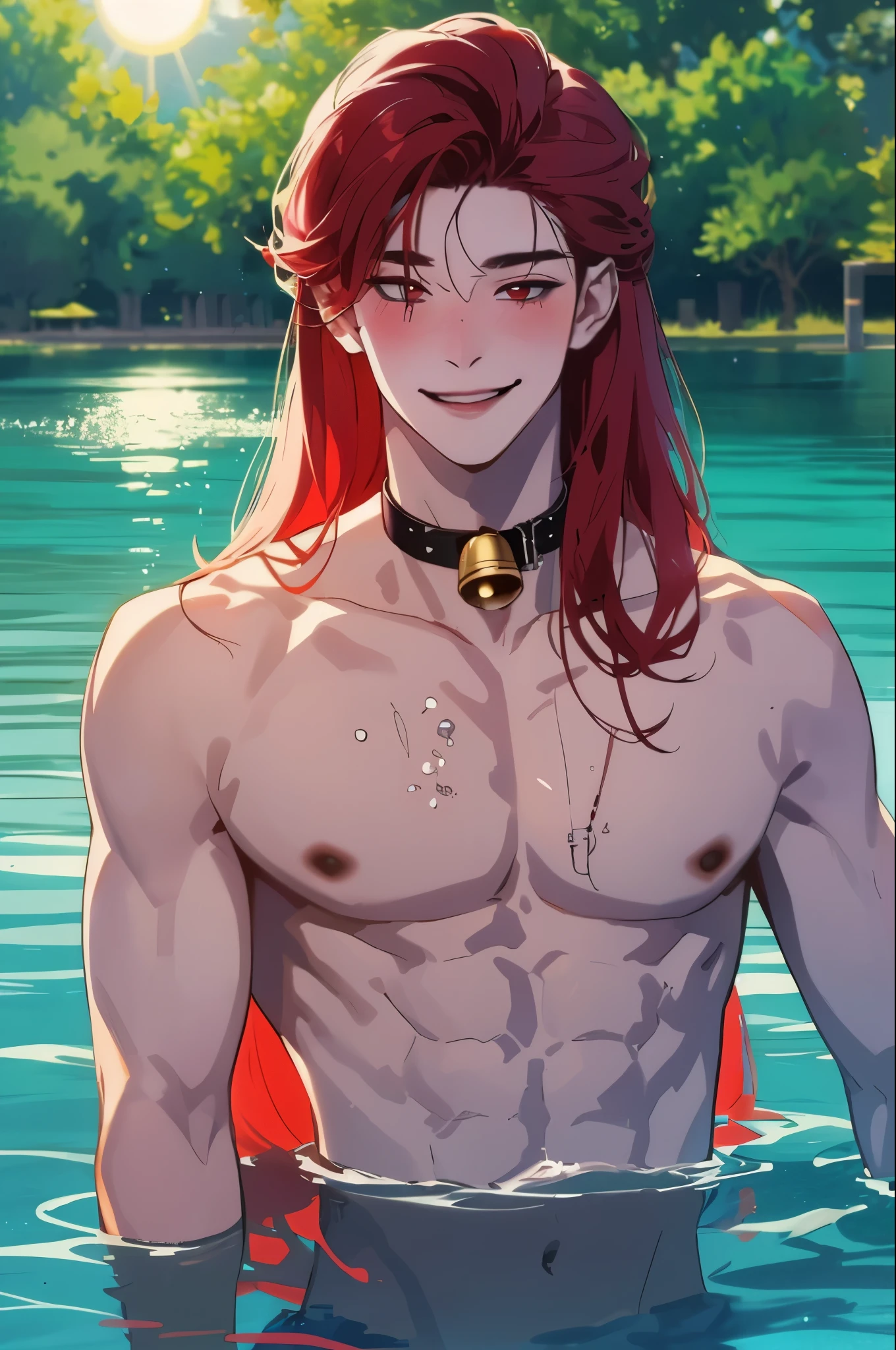 Man, (Solo), 18-years-old, red eyes,(Red long hair),  (collar with bell), (smiling blush), (day), shirtless, (sun), (In the water), (without clothes), anime, Lake with butterfly background