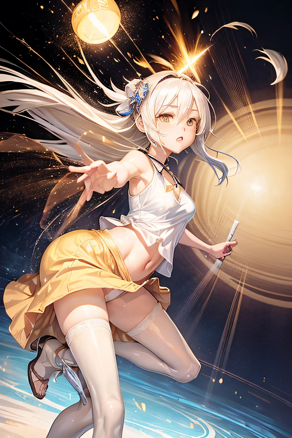 1 girl, tank top, long hair ,white hair, yellow eyes, magic circle, blue light, เปลวblue light, City scene , depth of field, at night, light particles, light rays,, thigh, luck , ****, , thighสูง, Cloud, , shorts, Raise both arms to use Magic Super Light... , figure , Holding a katana. 