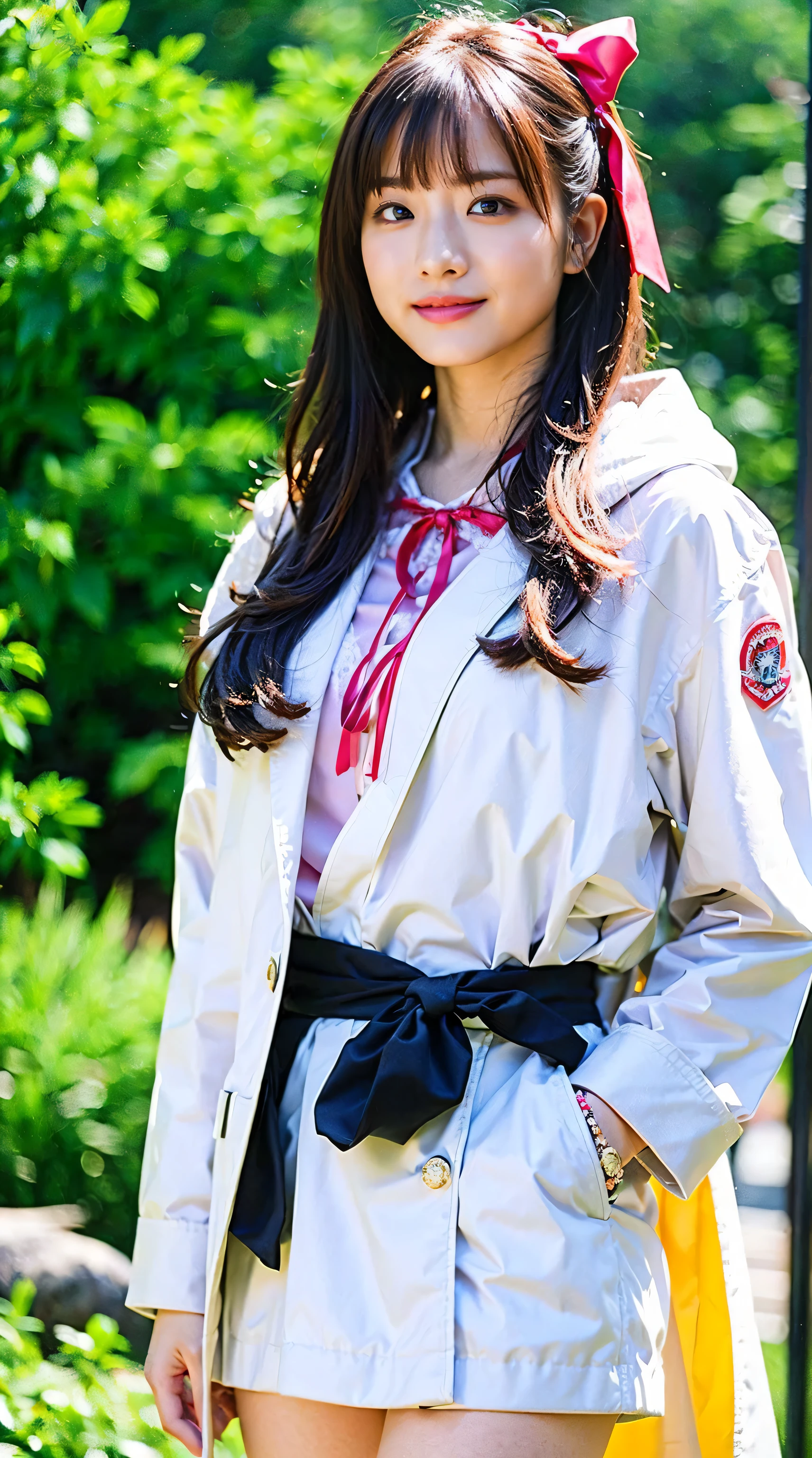 (8K、RAW photo、highest quality、masterpiece:1.2)、(realistic、Photoreal)、1 girl、I have a mole next to my eye、((white mini skirt、red ribbon、white coat、boots、cloak、Contains black and pink lines、Sentai Heroine Costume、Glittering))、lots of eyelashes、Glitter on your eyelids、black knee high socks、Skeletally correct、thighs are open、medium long hair、cute smile、sweaty body、attractive body beautiful perfect body、Beautifully aligned fingertips、stand with hands on hips、Swing Ponytail