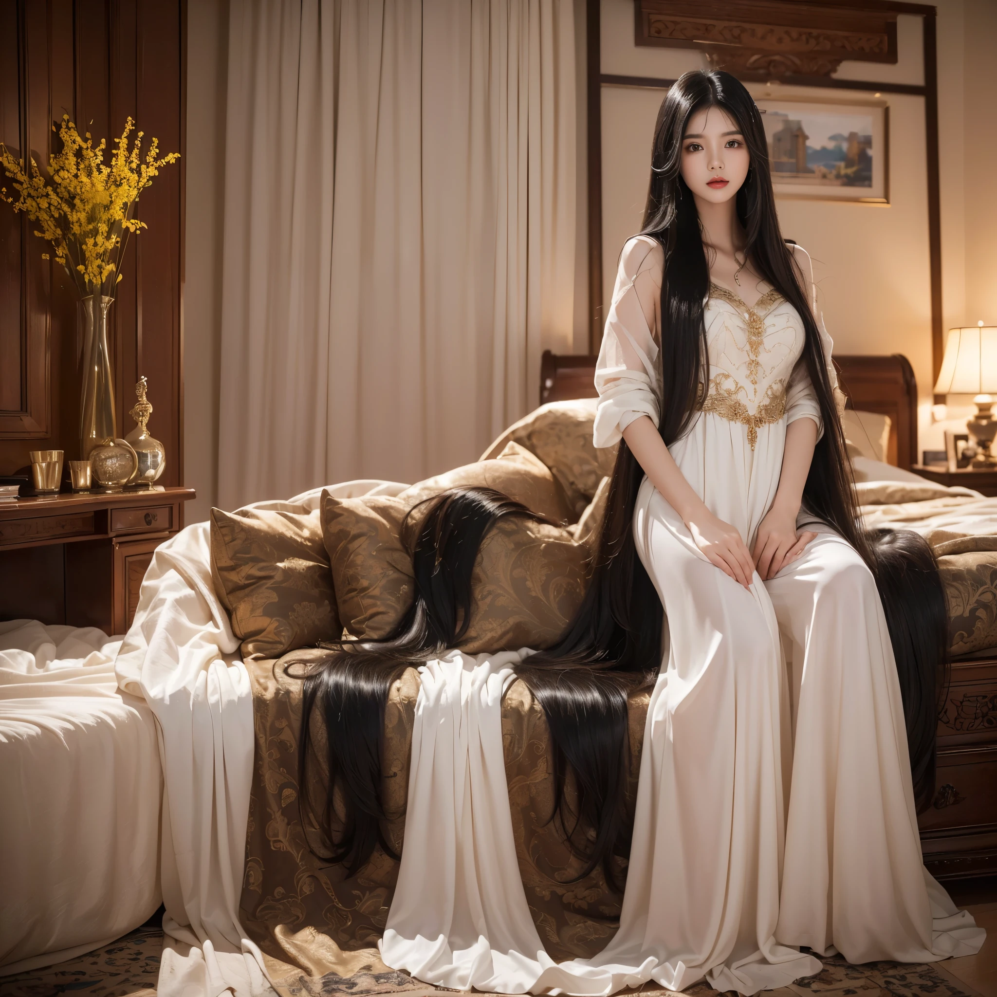 (best image quality、highest quality、highest resolution、Ultra-realistic photography、full body photo、masterpiece、16ｋ、）one girl。Super super long hair black hair。Hair length is over 10 meters。Location is bedroom。super ultra long hair。Bassari and haircut。haircut hair。very short hair。