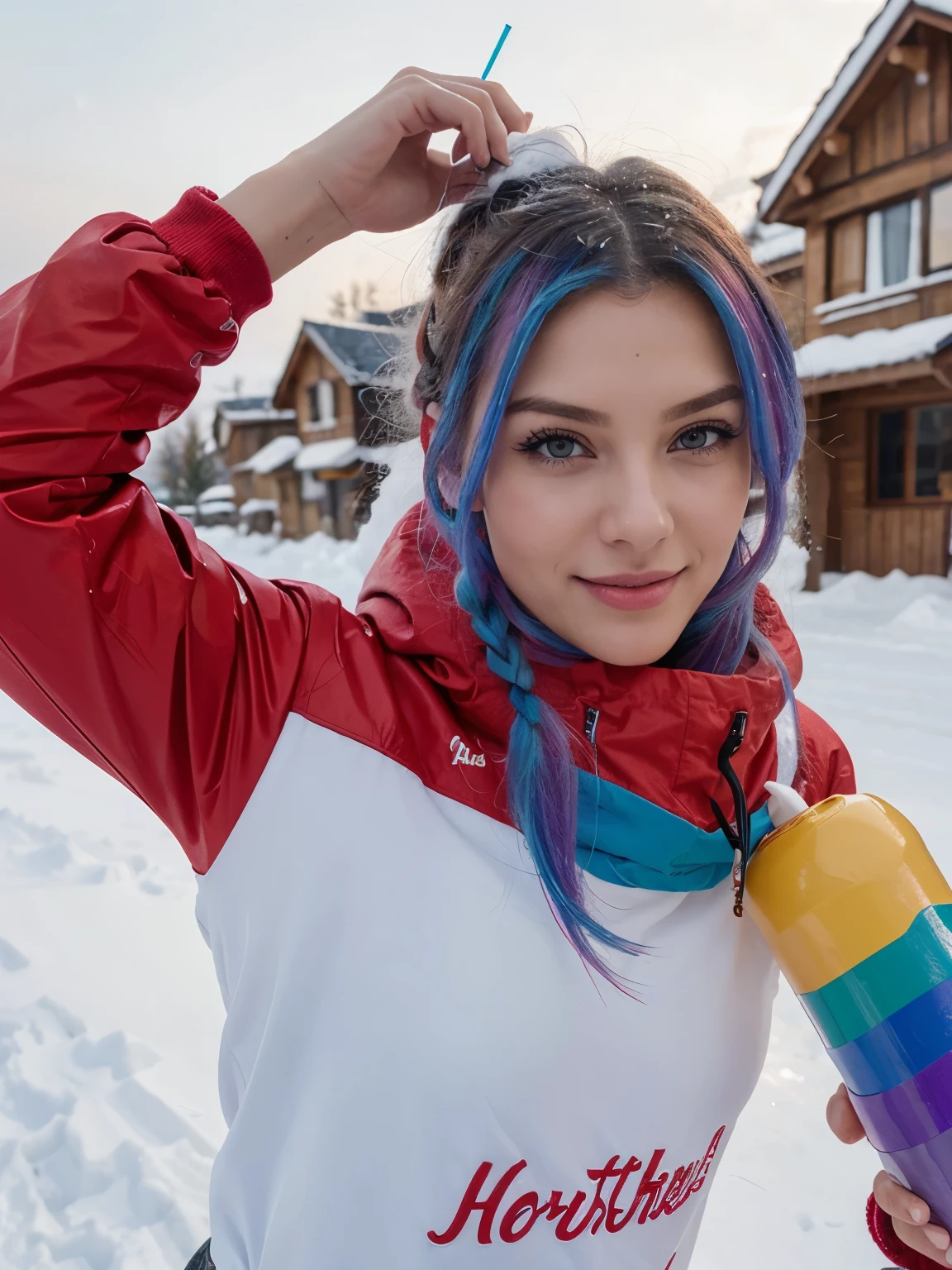 Mädchen, 20 Jahre alt, lange rote Haare, Sommersprossen, hair bobbles, wince, longeyelashes,  light smile, fang, rainbow hair, Partygirl, Surrealism, drop shadow, anaglyph, stereogram, tachi-e, pov, atmospheric perspective, high detail, 8k, super detail, ccurate, best quality, Winter Holiday, Snow, (Winter clothes),  [aprés ski]