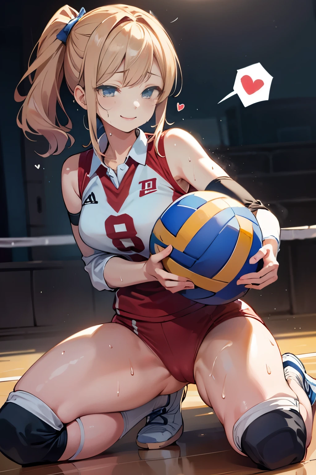 unity 8k wallpaper, anatomically correct, (((masterpiece))), (((best quality))), (((ultra detailed))), (((high-resolution))), ((Ultimate cutie)), perfect hands, perfect finger, (((good ???????))), detailed beautiful face, shiny hair, (((gyaru))), (potbelly), (curvy), ??????????????, ((Thick thighs)), (((solo))), ((seductive smile)), (((blush))), 
BREAK, (((sit astride the perfectly spherical shape 6-inch volleyball))), (((Straddling a perfectly spherical 6" volleyball))), (((Perfectly spherical 6" volleyball fits perfectly ??????))), BREAK, (((Rub the  Perfectly spherical 6" volleyball against ??????))), 
BREAK, (Collared volleyball uniforms), sleeveless, ((buruma)), ((kneepad)), ??????????? stained, (elbow pad), (((sweat))), (((covered in sweat))), ((deep breathing)), in Volleyball Court, indoor, lighting,  looking at viewer, full body, (spoken heart)