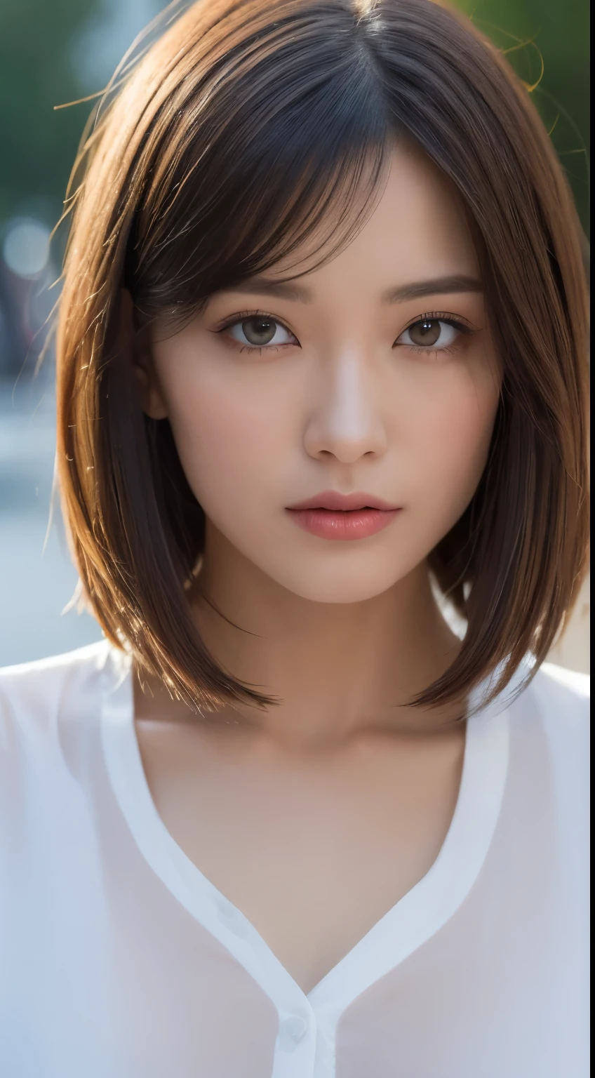 ((Best Quality, 8K, Masterpiece: 1.3)), Sharp: 1.2, Perfect Body Beauty: 1.4, Slim Abs: 1.2, ((Layered Hairstyle, Big Breasts: 1.2)), (Wet White Button Long Shirt: 1.1), (Rain, Street: 1.2), Wet: 1.5, Highly detailed face and skin texture, detailed eyes, double eyelids, side face looking at the camera