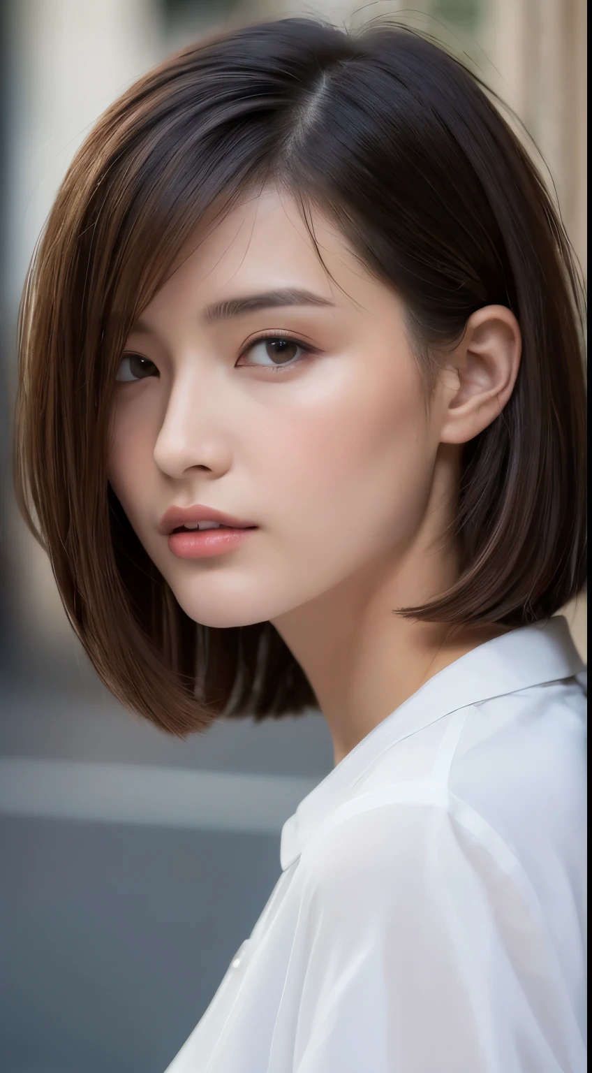 ((Best Quality, 8K, Masterpiece: 1.3)), Sharp: 1.2, Perfect Body Beauty: 1.4, Slim Abs: 1.2, ((Layered Hairstyle, Big Breasts: 1.2)), (Wet White Button Long Shirt: 1.1), (Rain, Street: 1.2), Wet: 1.5, Highly detailed face and skin texture, detailed eyes, double eyelids, side face looking at the camera
