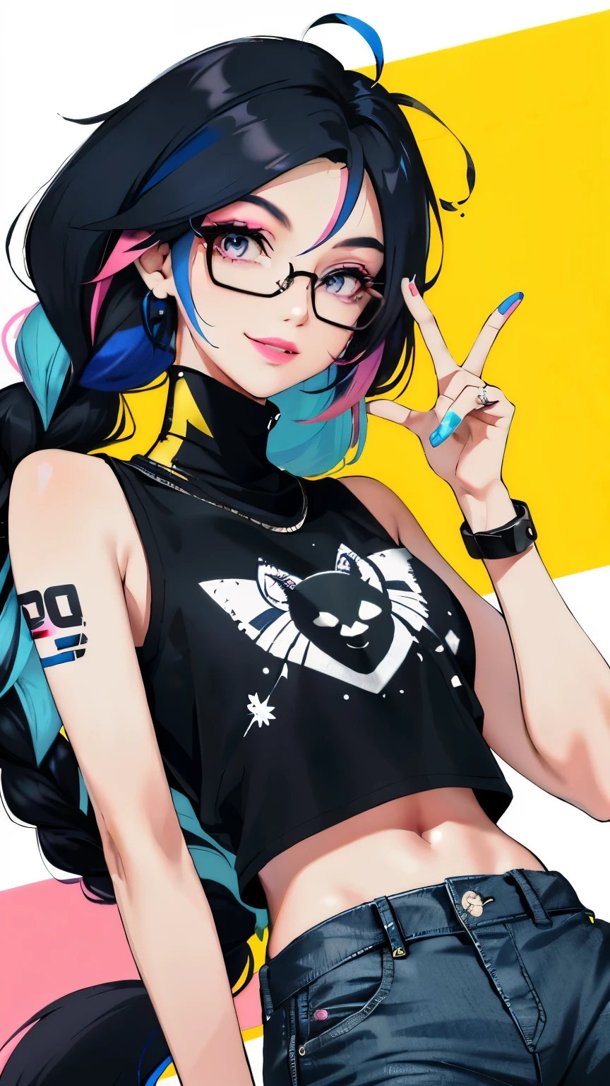 Woman (30 years: 1.0) with a tattoo on his arm and in a black top, Black hair with blue streaks, braided into a tail. blue streaks on bangs, Modern style, Fan art of a city girl, blows pink bubblegum, Yellow, (round glasses with colored lenses: 1.0), Bright lipstick, Snide look, joyful smile