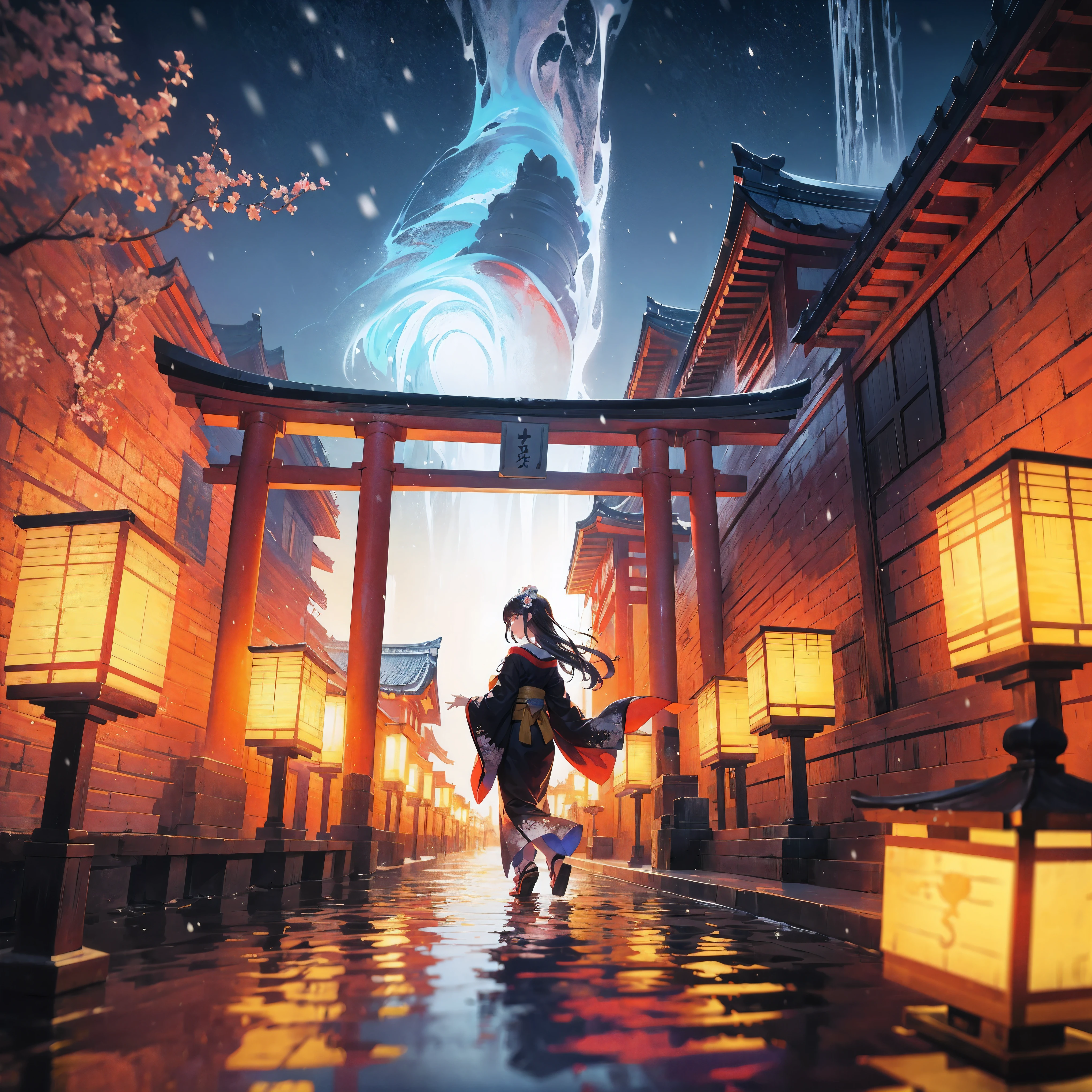 landscape, Tree, shrine, outdoor, Shina rope, Real-world locations, rope, east asian architecture学, architecture学, Traditional media, sky, architecture, lighter,(日本architecture:1.3), (Cornices:1.3), 日本shrine, (torii:1.2), stake, Unreal Engine, actual, Detailed rendering, Volumetric lighting, octane rendering, focus, Tyndall effect, HD, 摄影style, masterpiece, Perfect work, masterpiece, Award-winning works, intricate details,(The characters only taak up 1/5 screens),1 girl, japanese clothes, kimono, snow, outdoor, alone, black hair, Tree, hair ornament, sash, shrine, 碎flower, sky空, torii, looking at the audience, stone lantern, Heart, night, 冬sky, wide sleeves, snowing, architecture学, flower, east asian architecture学, permanent, Bangs, long sleeves, black kimono, hair flower, Keep your mouth shut, bare Tree, stairs, side lock, lantern, landscape, long hair, print kimono,best quality, super detailed, masterpiece, illustration, (clear background), (detail light), light, (clear sky空), night, Star, starry sky空, moonlight, Water drop details are clear:, ripple: 1.1, aak: 1.1, rich and colorful aurora,Dynamic, floating, luminescent, League of Legends The original painting, (wide high angle view: 5, )highest detail, girl of the gods, Japanese shrine maiden, (Walk slowly on the water:1.5), light从房子里射出, (high contrast),(I am_style, rich and colorful_hair),((masterpiece)), (actual), (3D 脸:1.2), (alone:1.2), (The original), (Very detailed wallpaper), Photographic reality, very detailed illustrations, (Super intricate details), Perfect details and features, perfect details, (Super intricate details), panoramic,, (cybernetic enhancement), (glowing Eyes), (snow: 1.2), (otherworldly: 1.5), (candlelight: 1.2),, (timberwork:1.2), (Smooth:1.2), (night:1.2), (mystery:1.2), (saunt:1.2), (float:1.2), (saunt:1.2), (torii:1.2), ( Surrealism: 1.2), (fantasy: 1.2), (radiation: 1.2), (火flower: 1.2), (blink: 1.2), (glow: 1.2), (glow Pattern: 1.2),