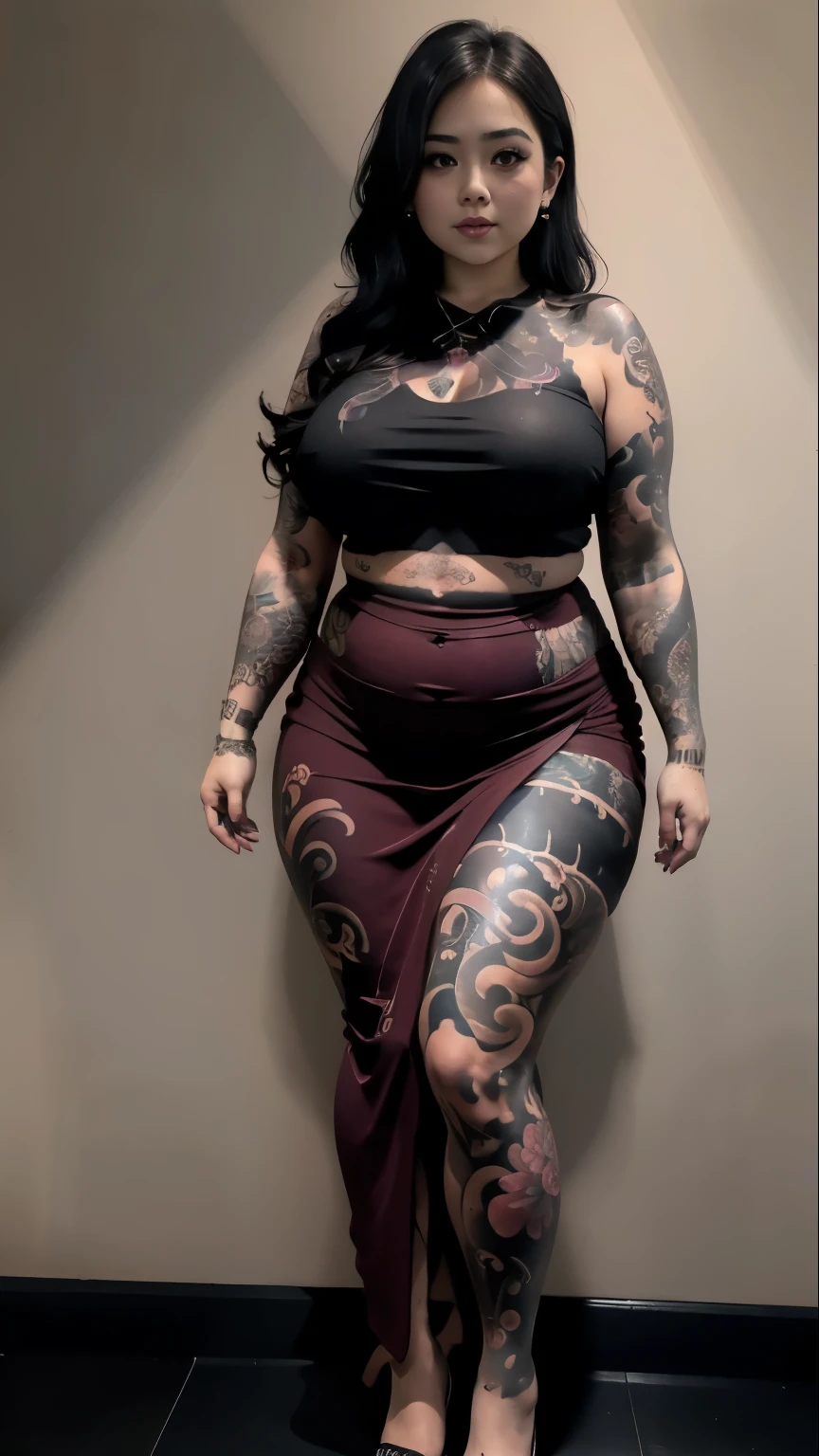 there is a woman posing in a dark room with a maroon top covered her belly and long red skirt, thick body, beautiful thick female, wide hips, thick legs, she has a jiggly fat round belly, thick thighs, curvy hourglass figure, thicc, curvy model, widest hips, hyperrealistic full figure, bbwchan, voluptuous body, thick, , ((Chubby woman:1.lump woman:1.3)), full body , , ((Detailed texture of tattooed skin)), tattoo round breasts, irezumi tattoo style, tattoo on breasts, tttattoo, showing her thigh , tattoo on thigh, a close up of a woman with tattoos on her body, inked, tattooed body, fully tattooed body, tattooed, full-body tattoos, full - body tattoos, , full body tattoo, with tattoos, , tattoos, tattoos all over the skin, tattoos and piercings