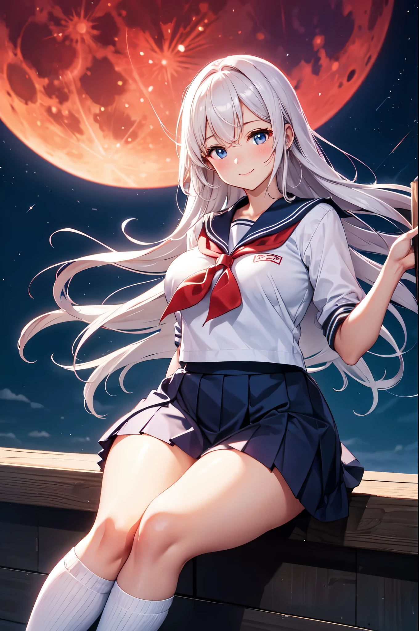 (High quality, High resolution, Fine details), crimson clouds surrounding the moon, (woman in sailor school uniform on a red full moon night:1.2), silhouette of tall buildings in the background, (deep blue sky), clear bright moon, (sailor suit), (short pleated skirt), BREAK white collar, BREAK red bow, BREAK white long socks, BREAK black shoes, solo, curvy women, Flowing white Hair, sparkling eyes, (Detailed eyes:1.2), smile, blush, Sweat, Oily skin, shallow depth of field, soft moonlight, faint shadow cast behind her
