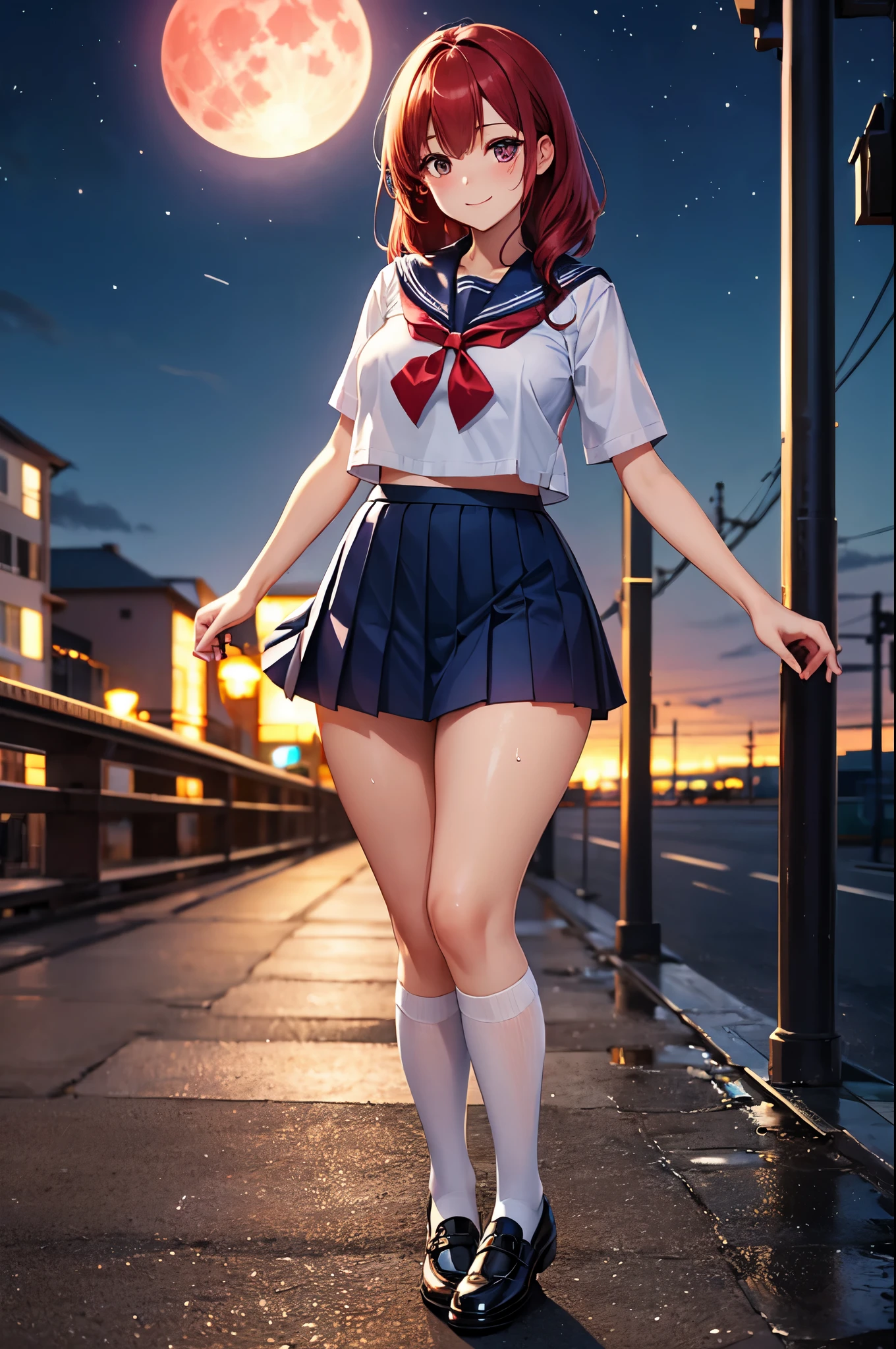 (High quality, High resolution, Fine details), crimson clouds surrounding the moon, (woman in sailor school uniform on a red full moon night:1.2), silhouette of tall buildings in the background, (deep blue sky), clear bright moon, (sailor suit), (short pleated skirt), BREAK white collar, BREAK red bow, BREAK white long socks, BREAK black shoes, solo, curvy women, Flowing red Hair, sparkling eyes, (Detailed eyes:1.2), smile, blush, Sweat, Oily skin, shallow depth of field, soft moonlight, faint shadow cast behind her
