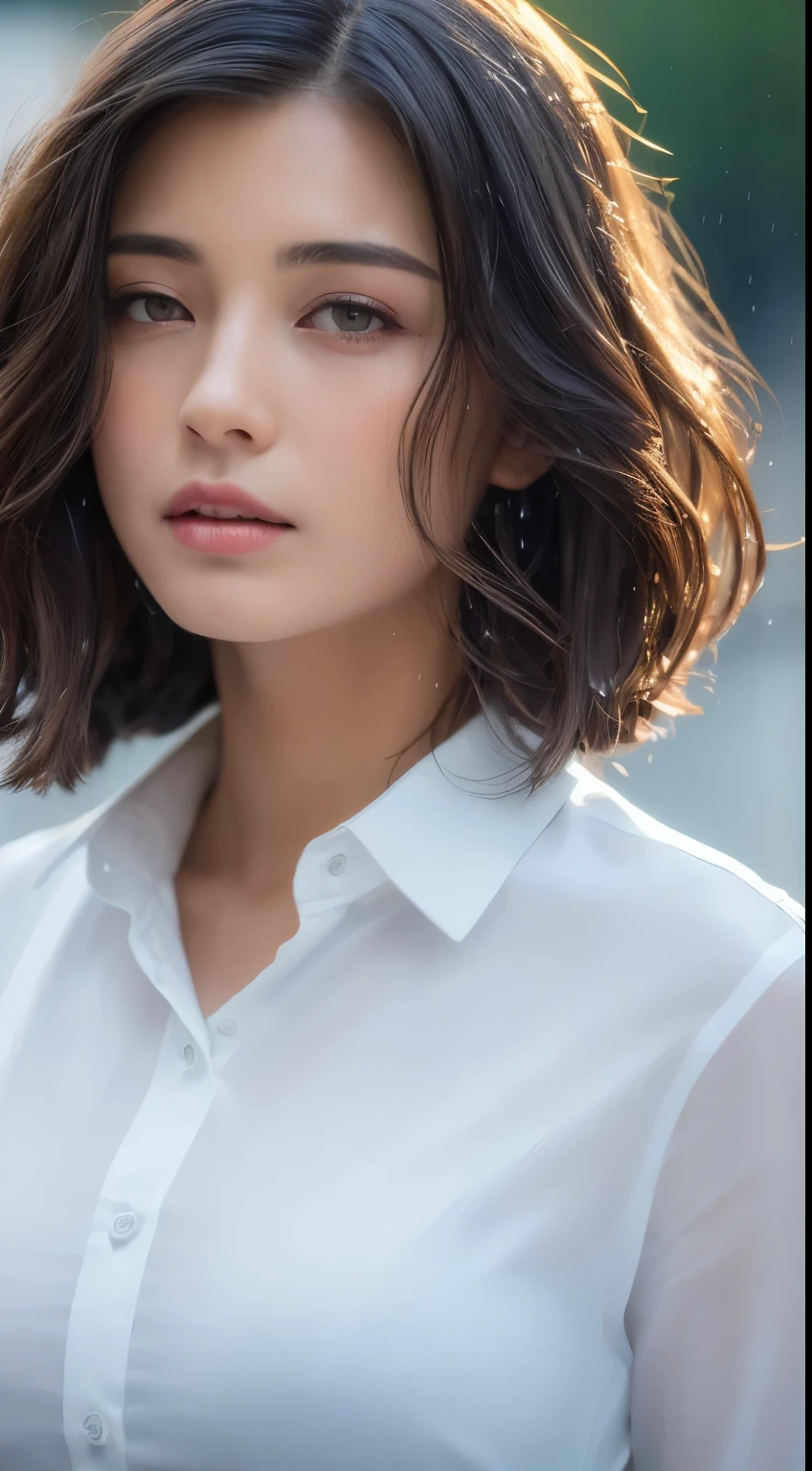 ((Best Quality, 8K, Masterpiece: 1.3)), Sharp: 1.2, Perfect Body Beauty: 1.4, Slim Abs: 1.2, ((Layered Hairstyle, Big Breasts: 1.2)), (Wet White Button Long Shirt: 1.1), (Rain, Street: 1.2), Wet: 1.5, Highly detailed face and skin texture, detailed eyes, double eyelids, side face looking at the camera