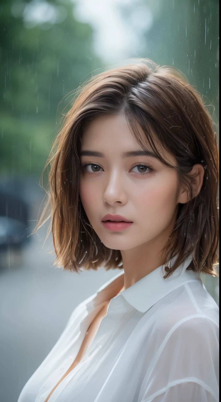 ((Best Quality, 8K, Masterpiece: 1.3)), Sharp: 1.2, Perfect Body Beauty: 1.4, Slim Abs: 1.2, ((Layered Hairstyle, Big Breasts: 1.2)), (Wet White Button Long Shirt: 1.1), (Rain, Street: 1.2), Wet: 1.5, Highly detailed face and skin texture, detailed eyes, double eyelids, side face looking at the camera