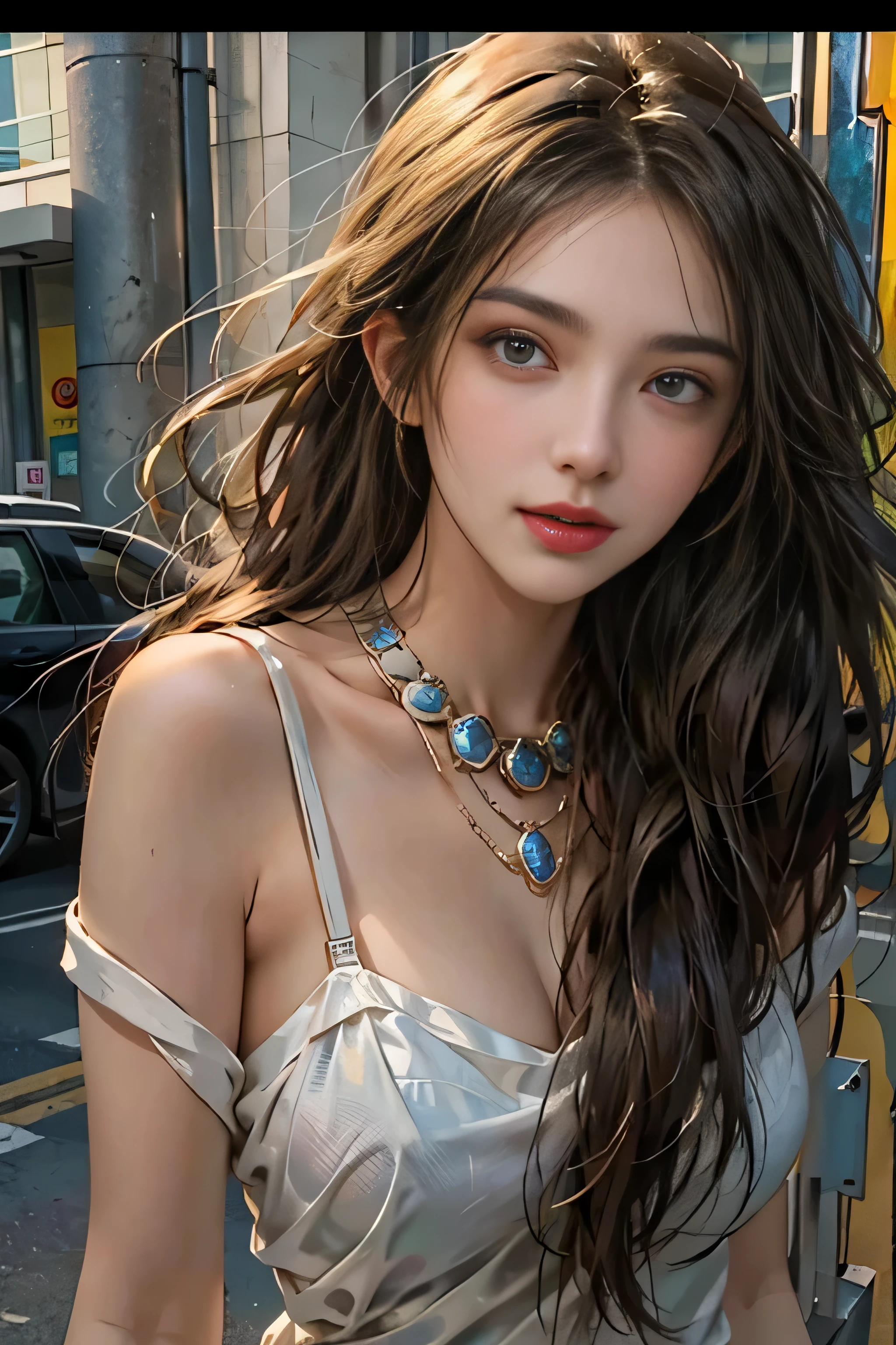 realistic, High resolution, soft light,1 female, alone, hip up, (detailed face), jewelry, street wear, Beauty models, Eyes that invite the viewer, Spouse&#39;perspective, attractive appearance, sexy smile, perfect style, perfect balance, fine skin, naughty look, I can see your breasts