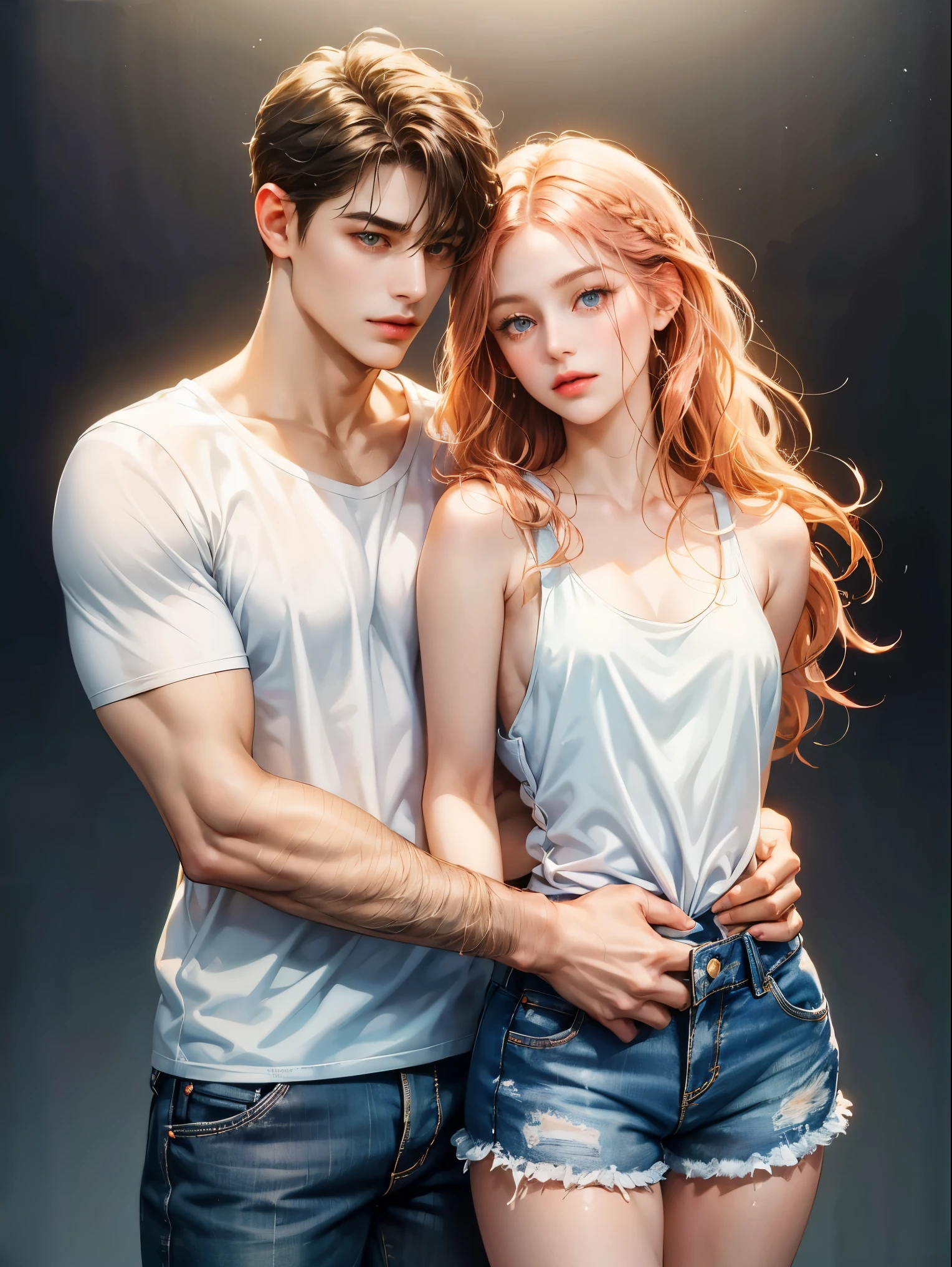 Couple, 1 girl 1 boy, different hair color, long long pink hair, wavy hair, no bangs, brown eyes. white tank-top and shorts, Short brown hair, wavy hair, sky blue eyes, open black shirt and jeans, height different, detailed eyes, face, hand. They look at the viewer. They hug. Simple background